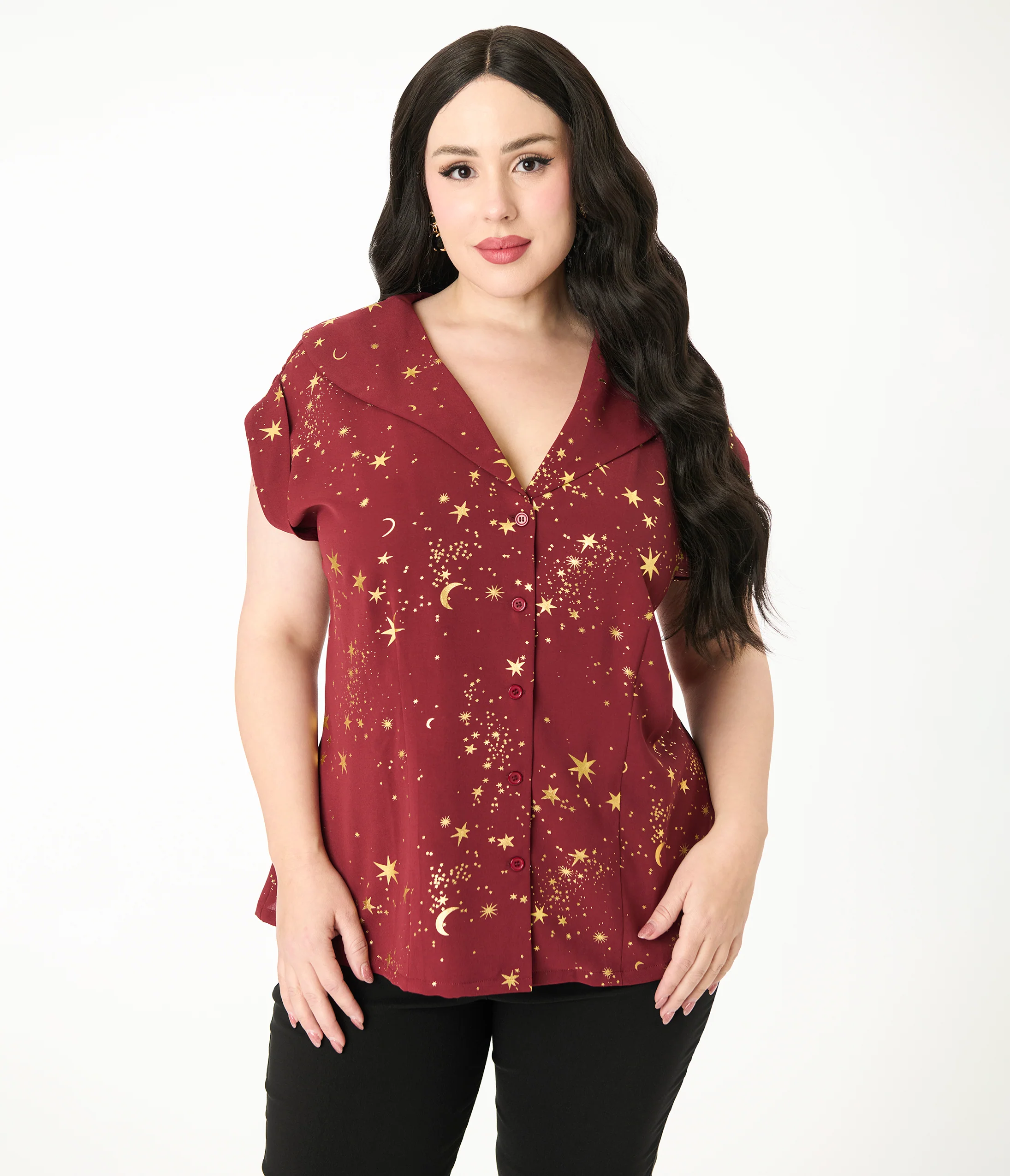 Unique Vintage Plus Size Burgundy & Gold Star Twill Sleeveless Blouse - Image 4