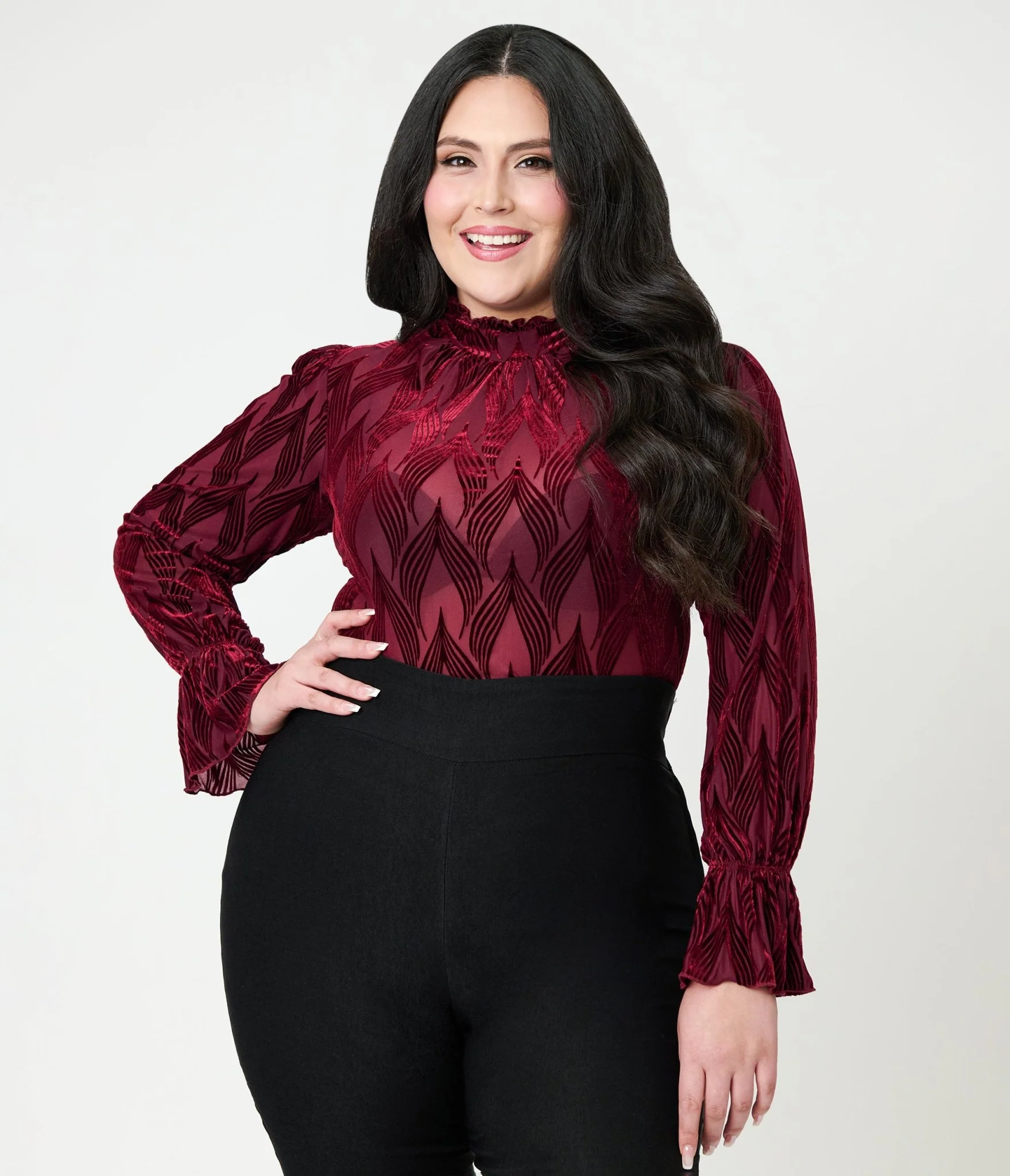 Unique Vintage Plus Size Burgundy Leaf Velvet Burnout Donna Blouse