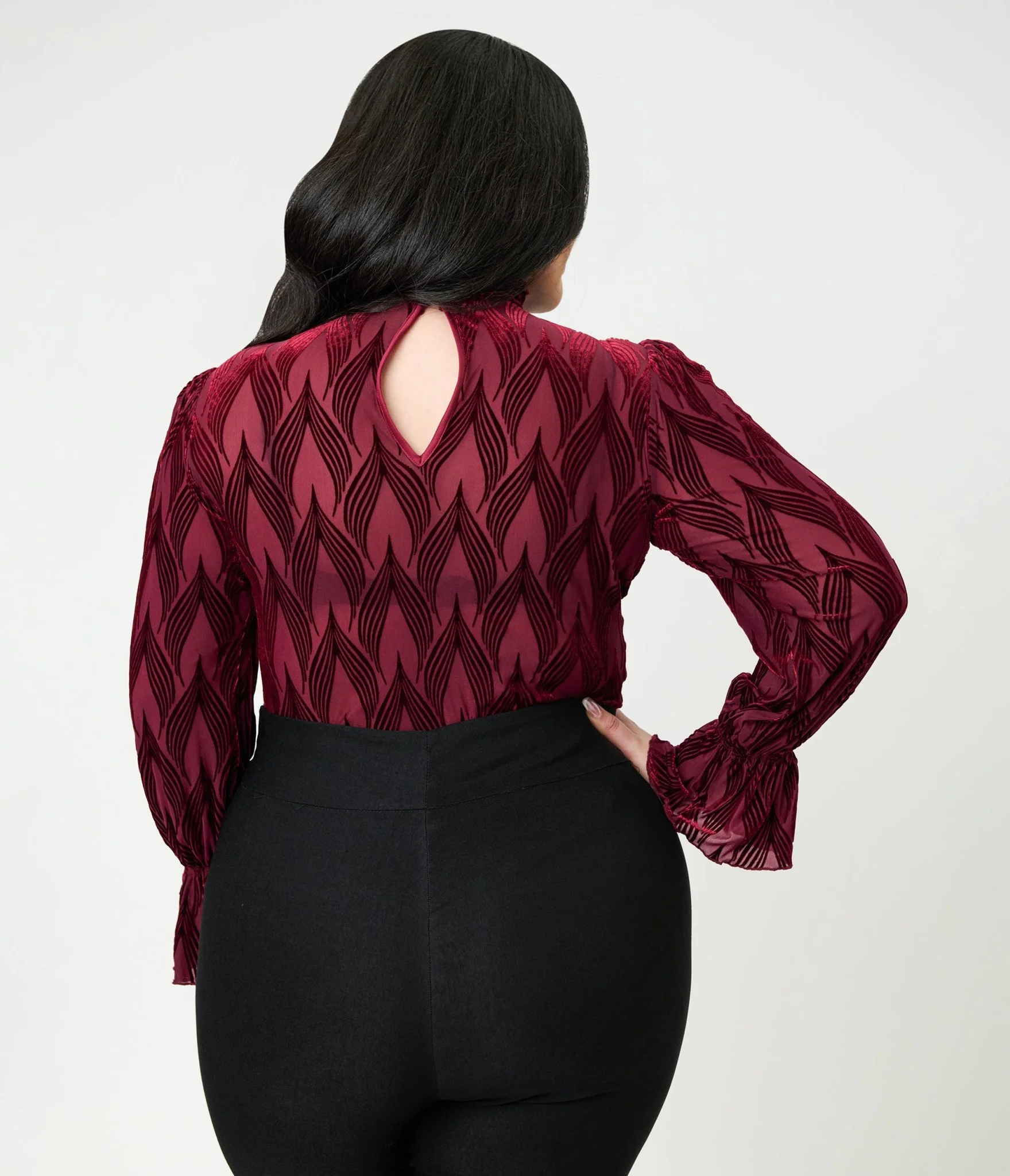 Unique Vintage Plus Size Burgundy Leaf Velvet Burnout Donna Blouse - Image 2