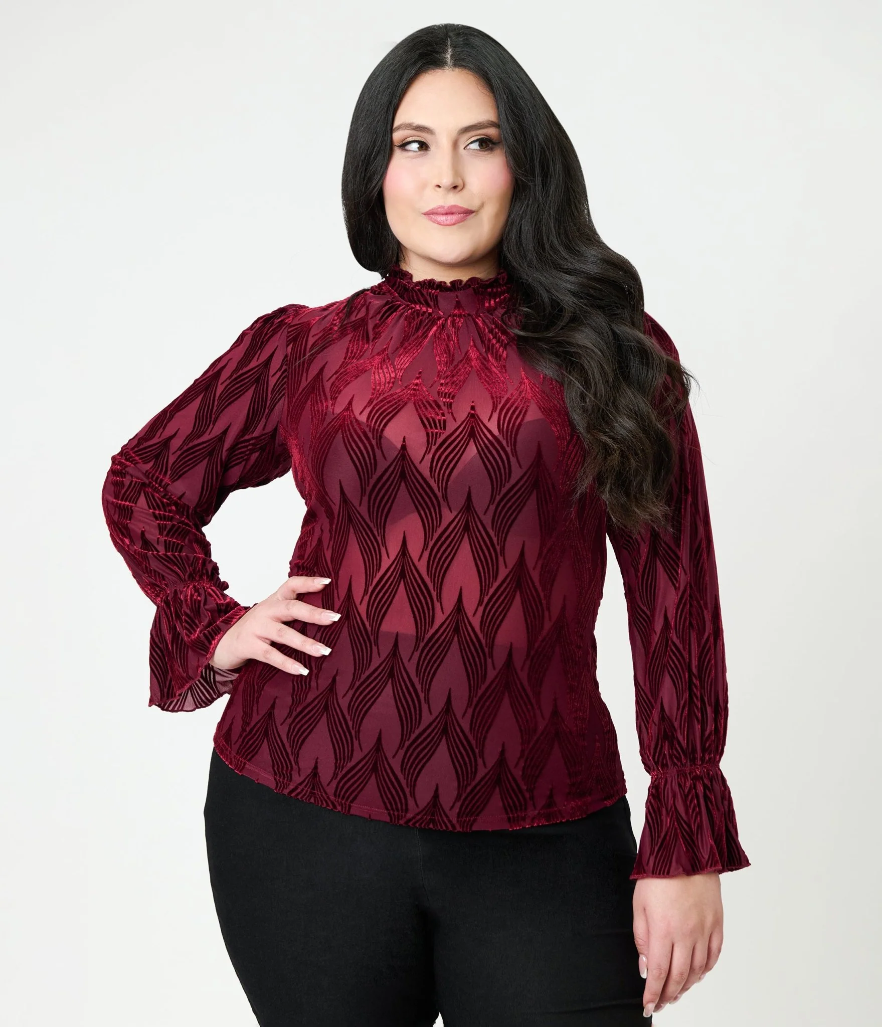 Unique Vintage Plus Size Burgundy Leaf Velvet Burnout Donna Blouse - Image 3