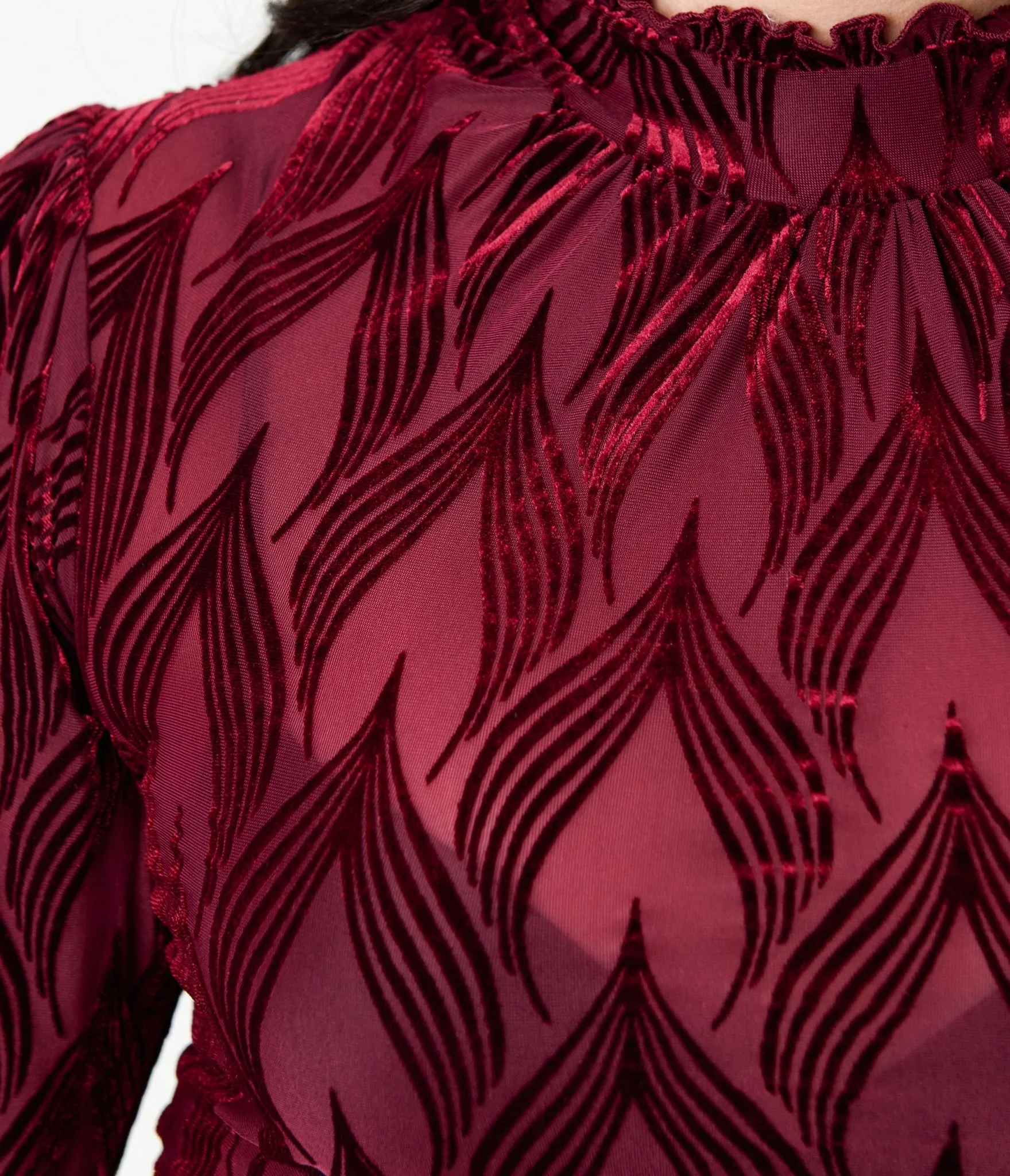 Unique Vintage Plus Size Burgundy Leaf Velvet Burnout Donna Blouse - Image 4
