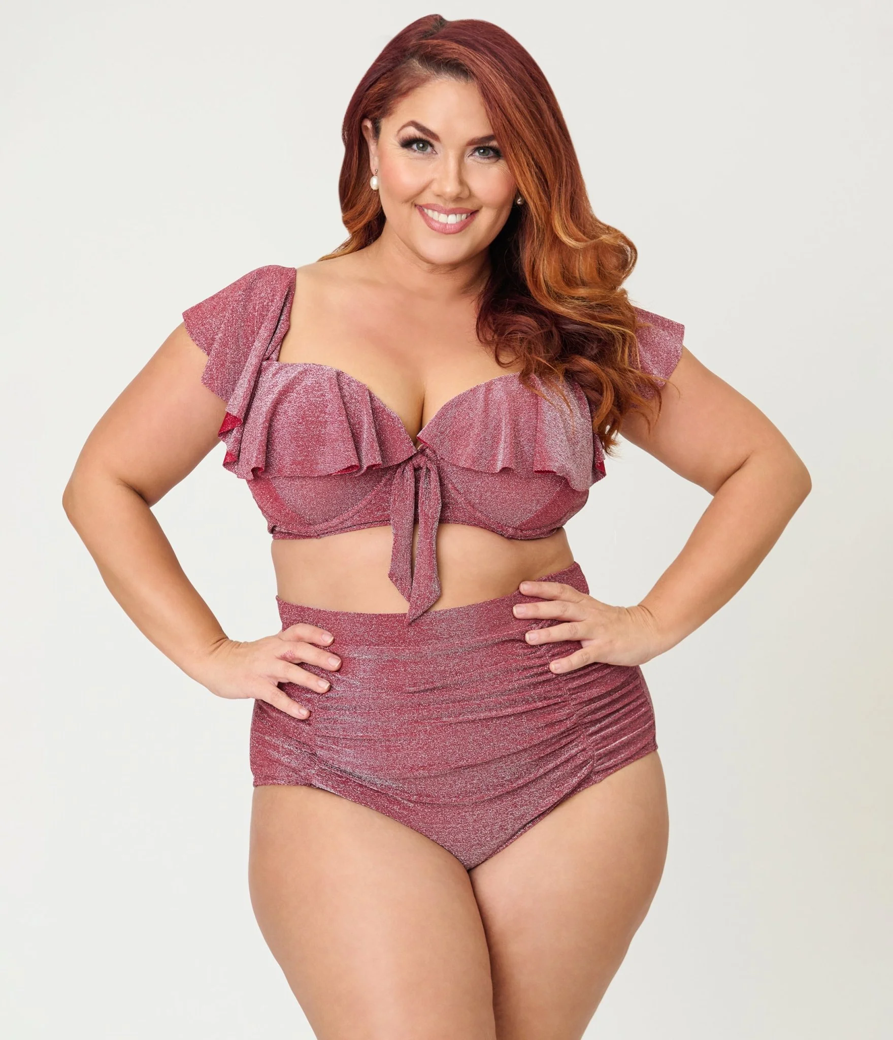 Unique Vintage Plus Size Burgundy Lurex Monroe High Waist Bikini Bottom
