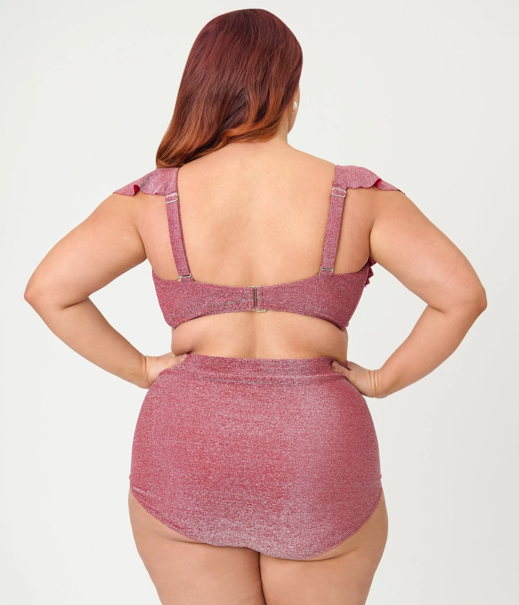 Unique Vintage Plus Size Burgundy Lurex Ruffled Cap Sleeve Frida Swim Top - Image 2
