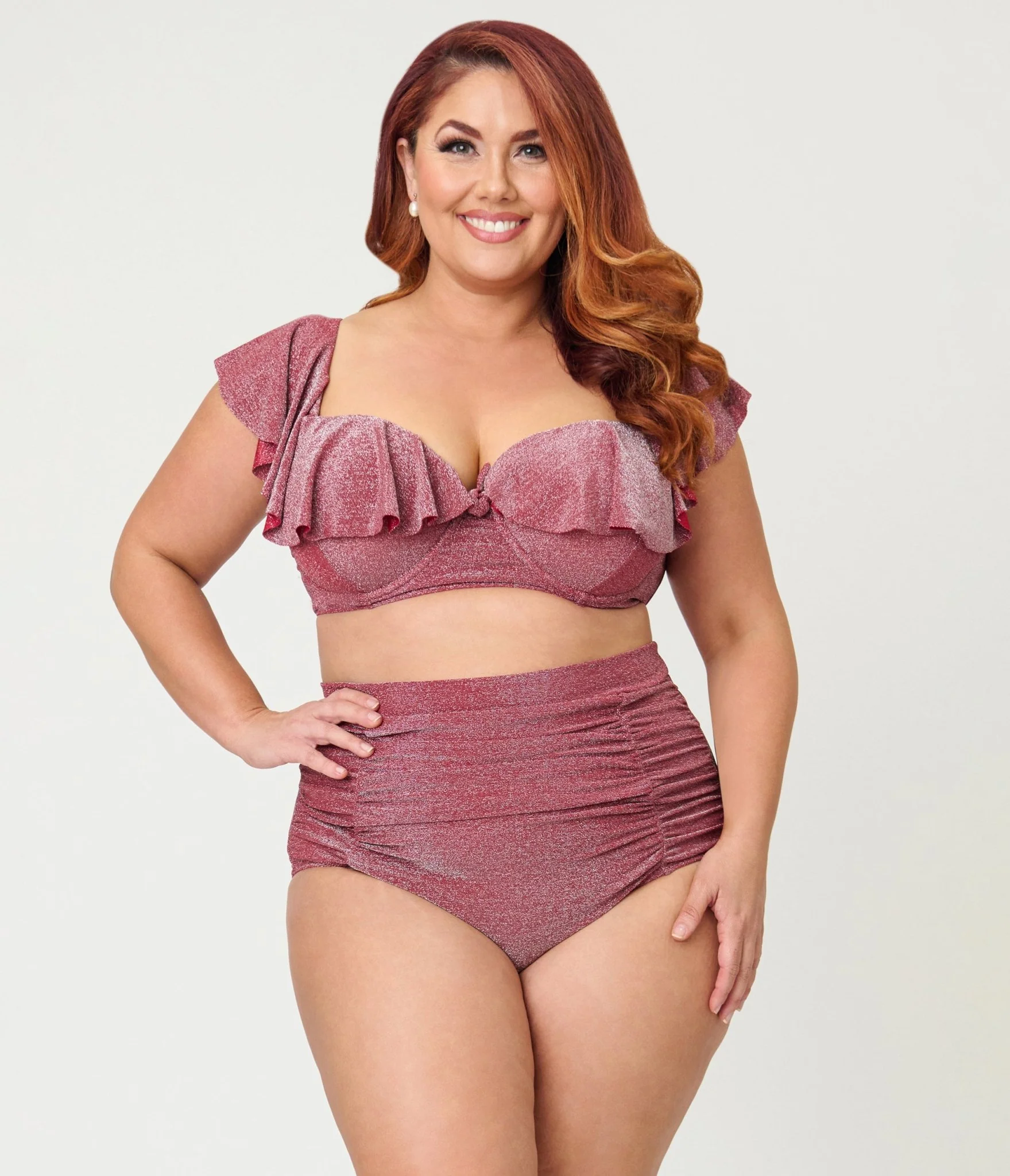 Unique Vintage Plus Size Burgundy Lurex Ruffled Cap Sleeve Frida Swim Top - Image 3