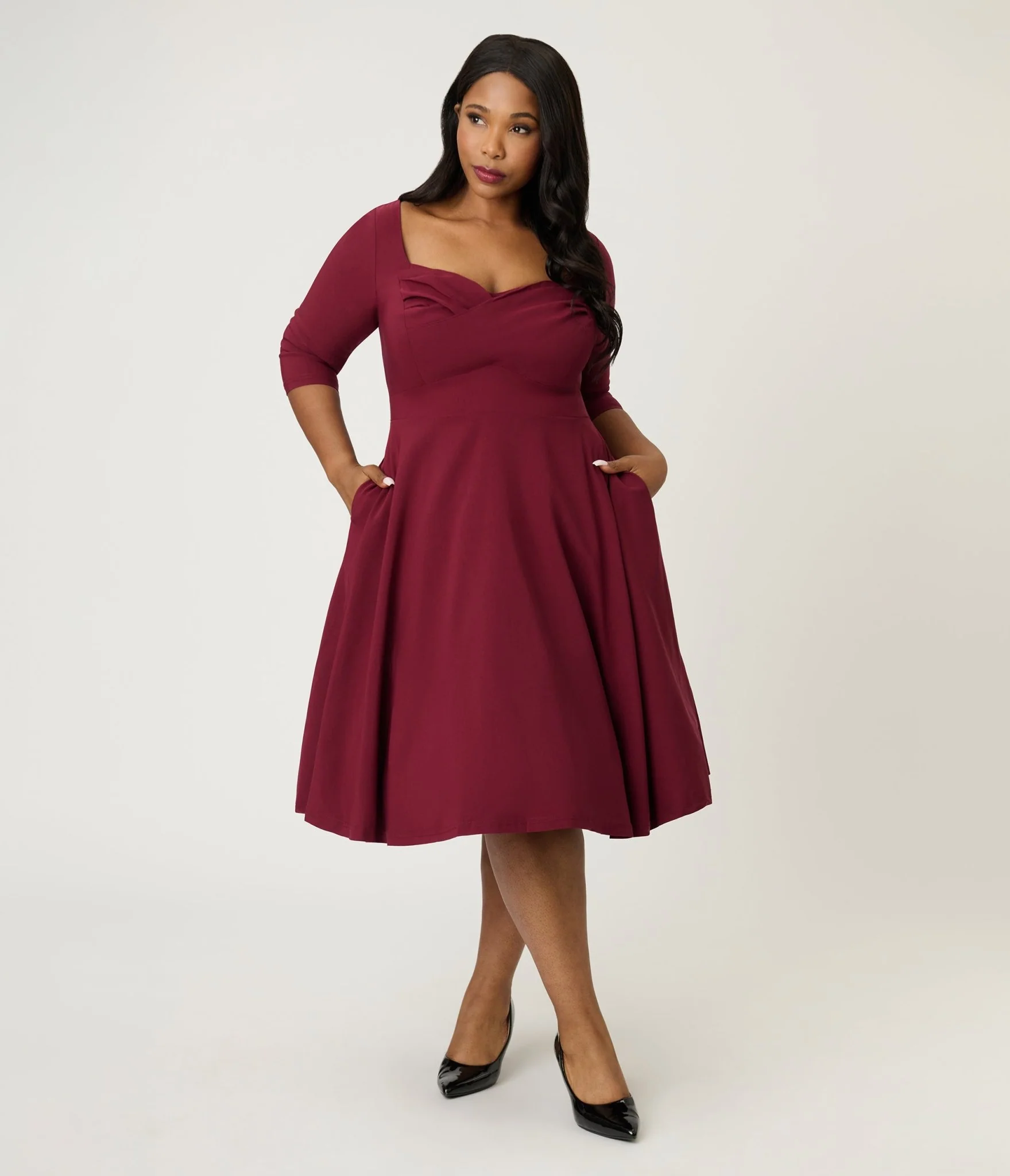 Unique Vintage Plus Size Burgundy Pleated Bust Swing Dress