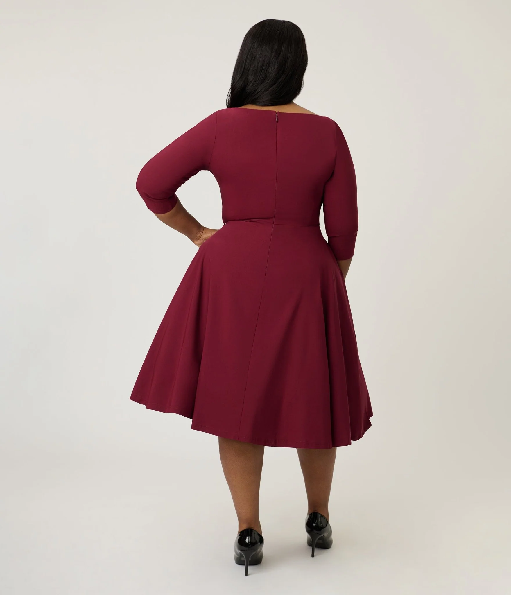 Unique Vintage Plus Size Burgundy Pleated Bust Swing Dress - Image 2