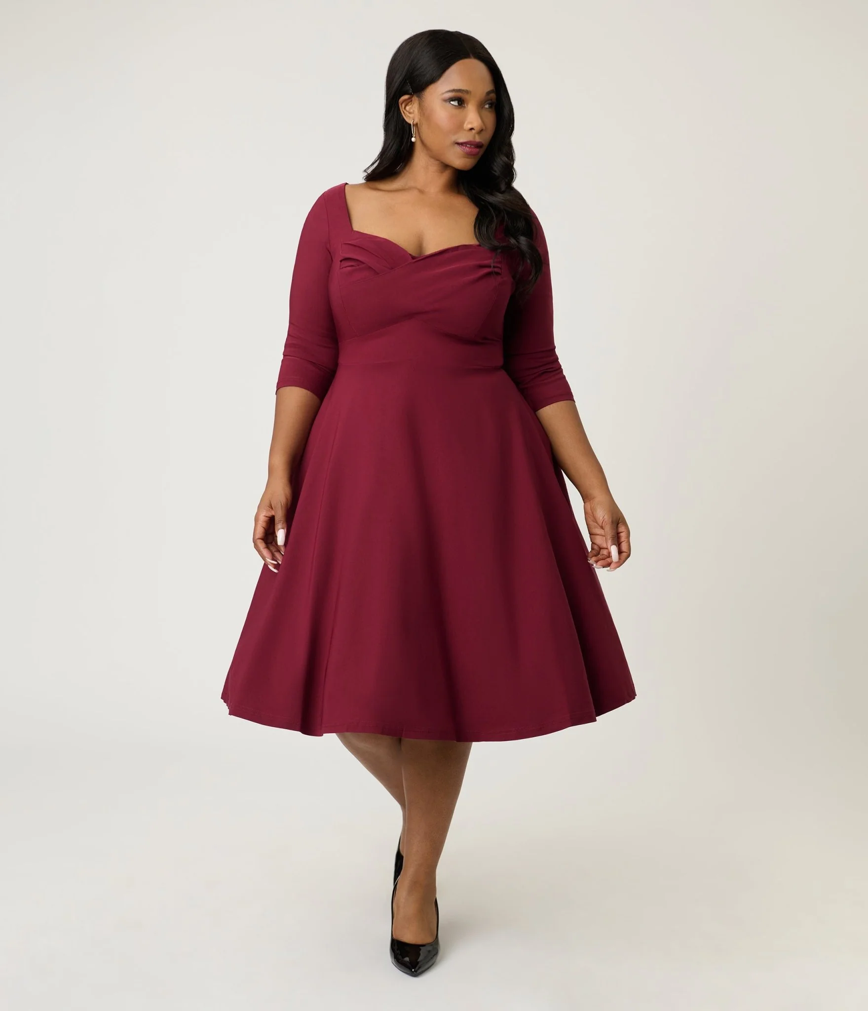 Unique Vintage Plus Size Burgundy Pleated Bust Swing Dress - Image 3
