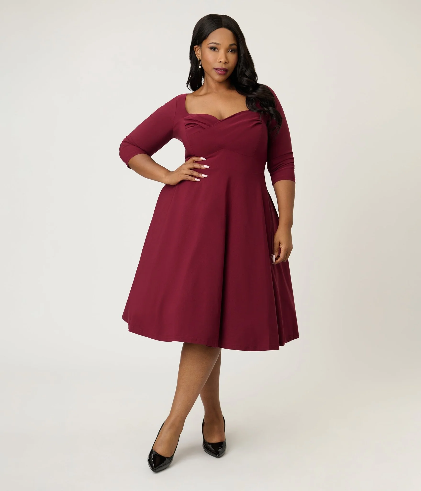 Unique Vintage Plus Size Burgundy Pleated Bust Swing Dress - Image 4