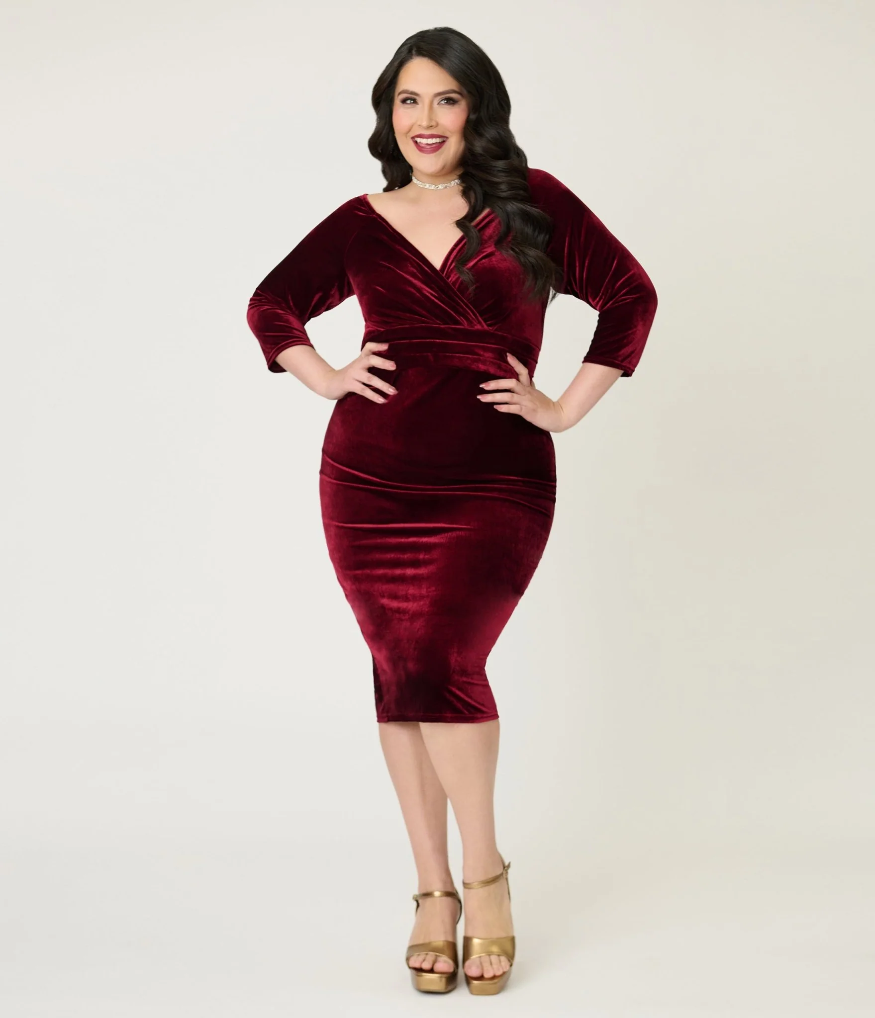 Unique Vintage Plus Size Burgundy Velvet Off the Shoulder Surplice Pencil Dress - Image 3
