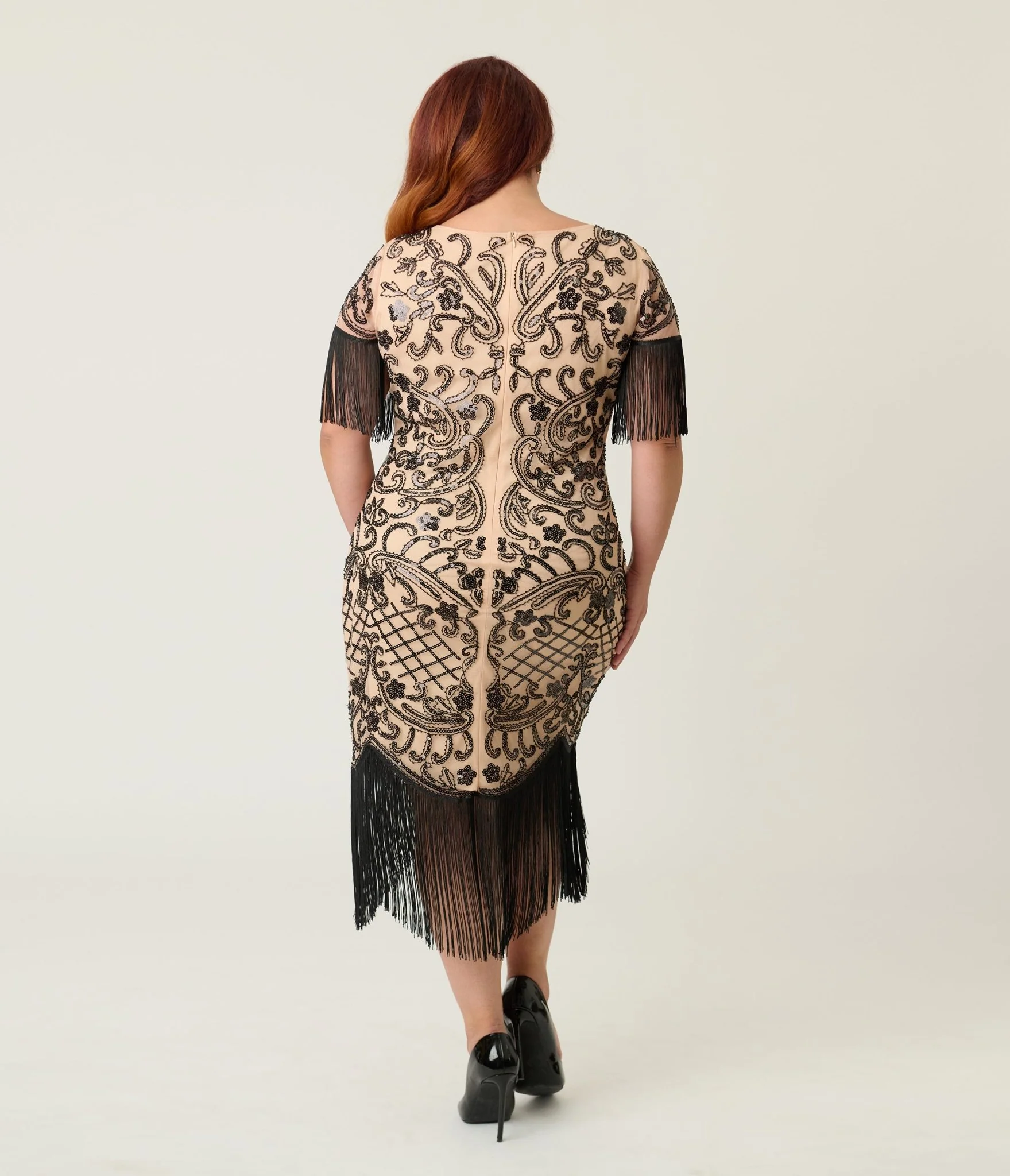 Unique Vintage Plus Size Champagne & Black Beaded Fringe Sleeve Nadine Flapper Dress - Image 2