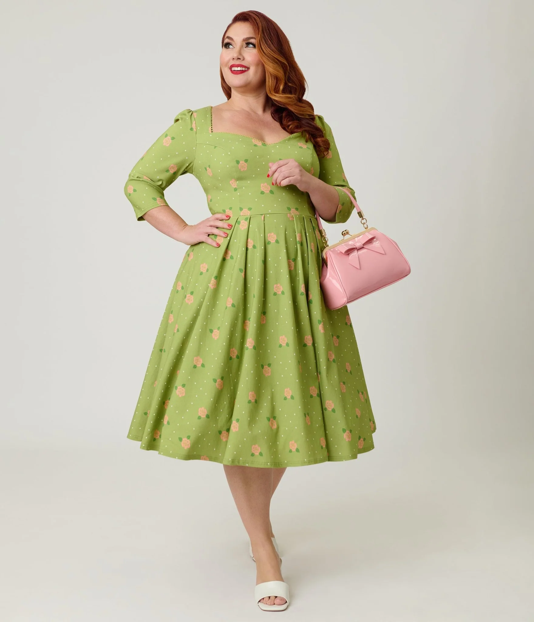 Unique Vintage Plus Size Chartreuse & Pink Rose Sweetheart Swing Dress