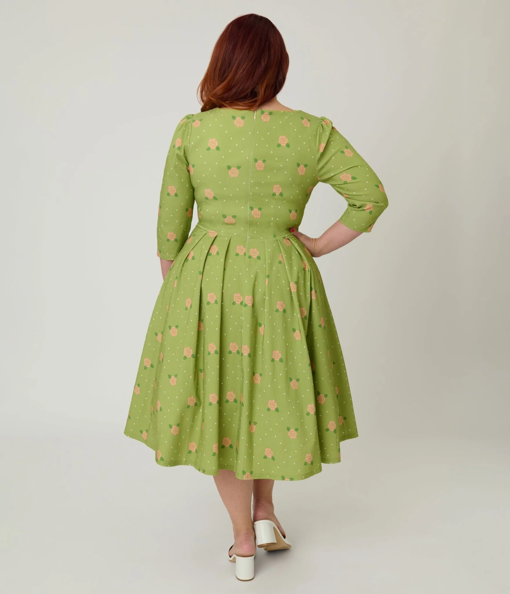Unique Vintage Plus Size Chartreuse & Pink Rose Sweetheart Swing Dress - Image 2