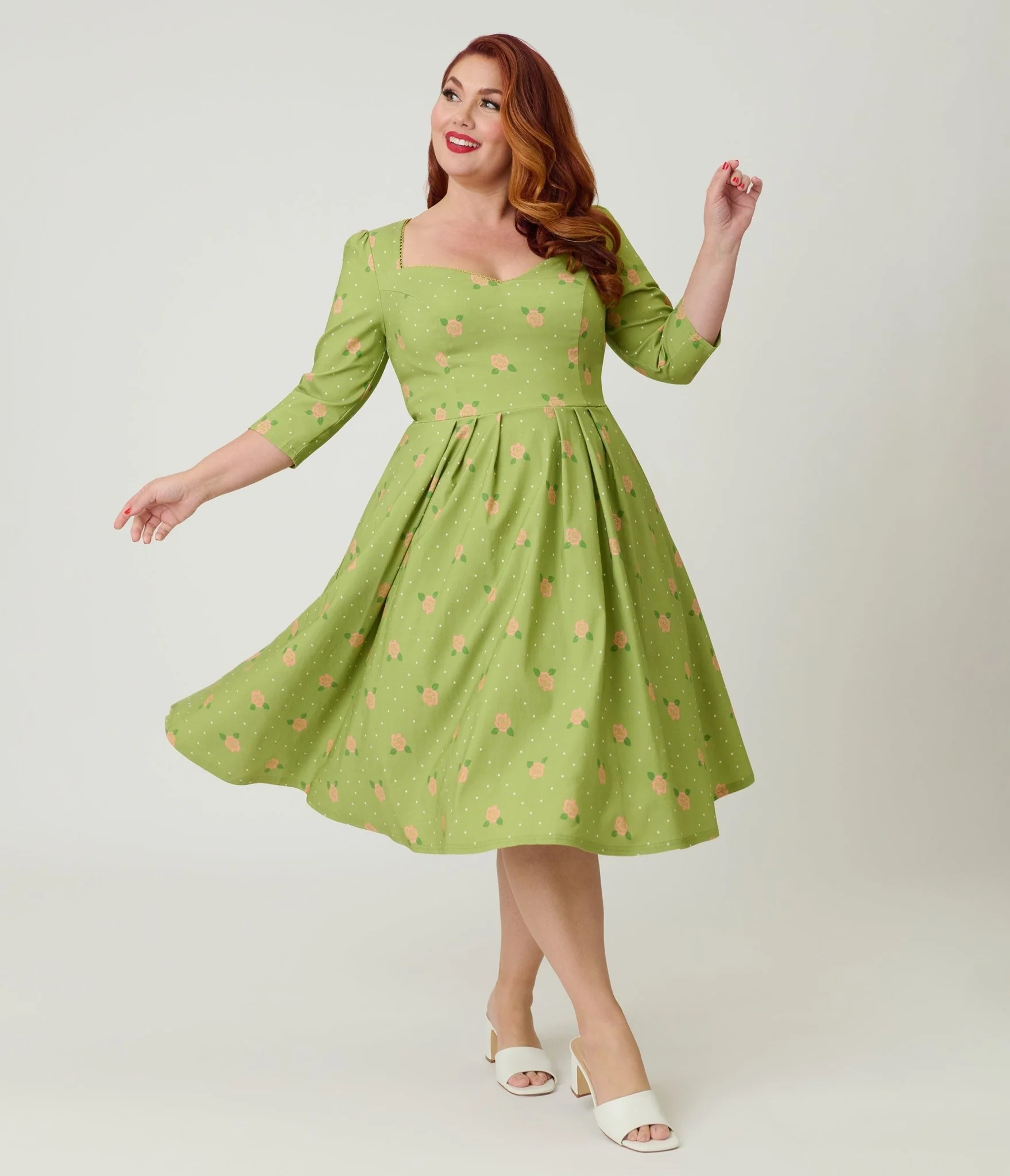 Unique Vintage Plus Size Chartreuse & Pink Rose Sweetheart Swing Dress - Image 3