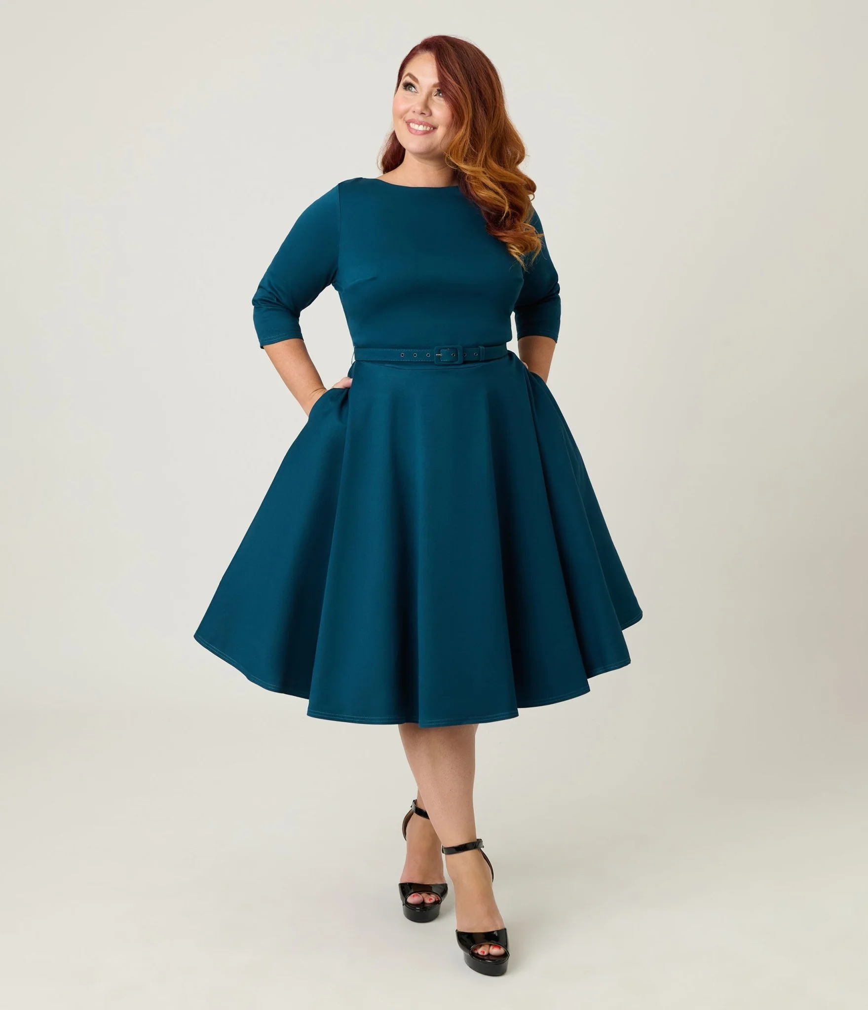 Unique Vintage Plus Size Dark Teal Devon Swing Dress