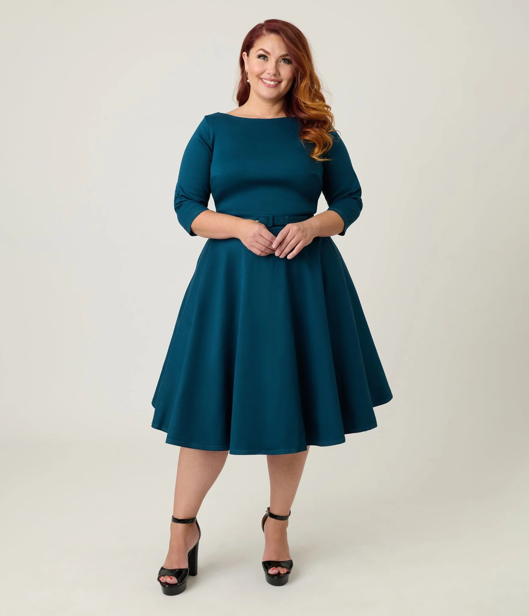 Unique Vintage Plus Size Dark Teal Devon Swing Dress - Image 3