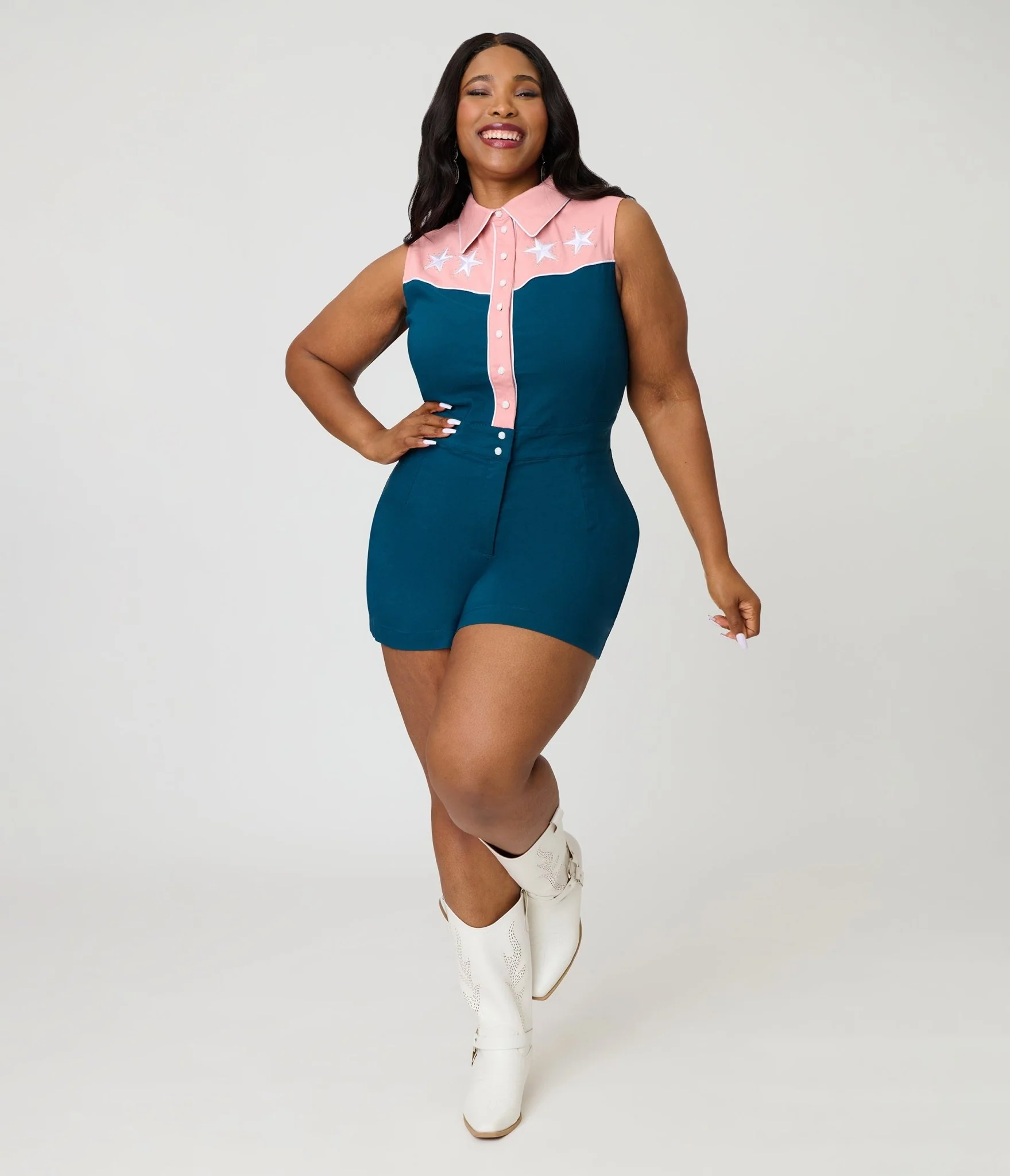 Unique Vintage Plus Size Dark Teal & Pink Rodeo Ready Romper