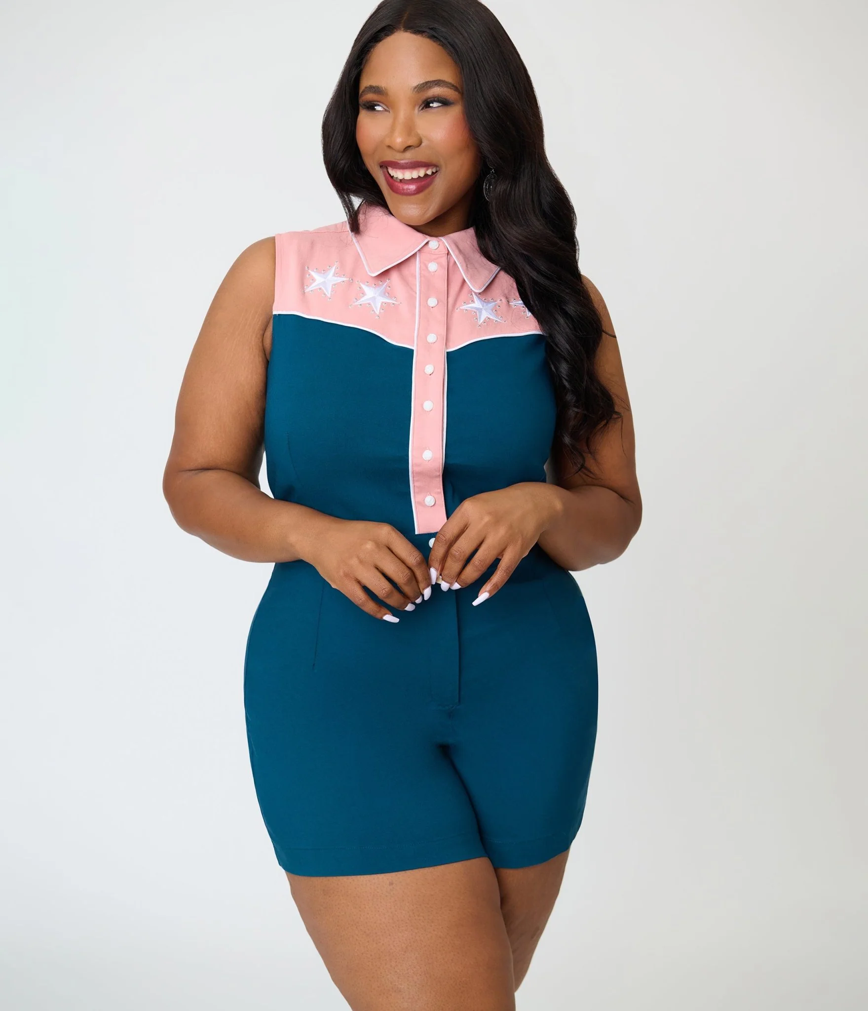 Unique Vintage Plus Size Dark Teal & Pink Rodeo Ready Romper - Image 3