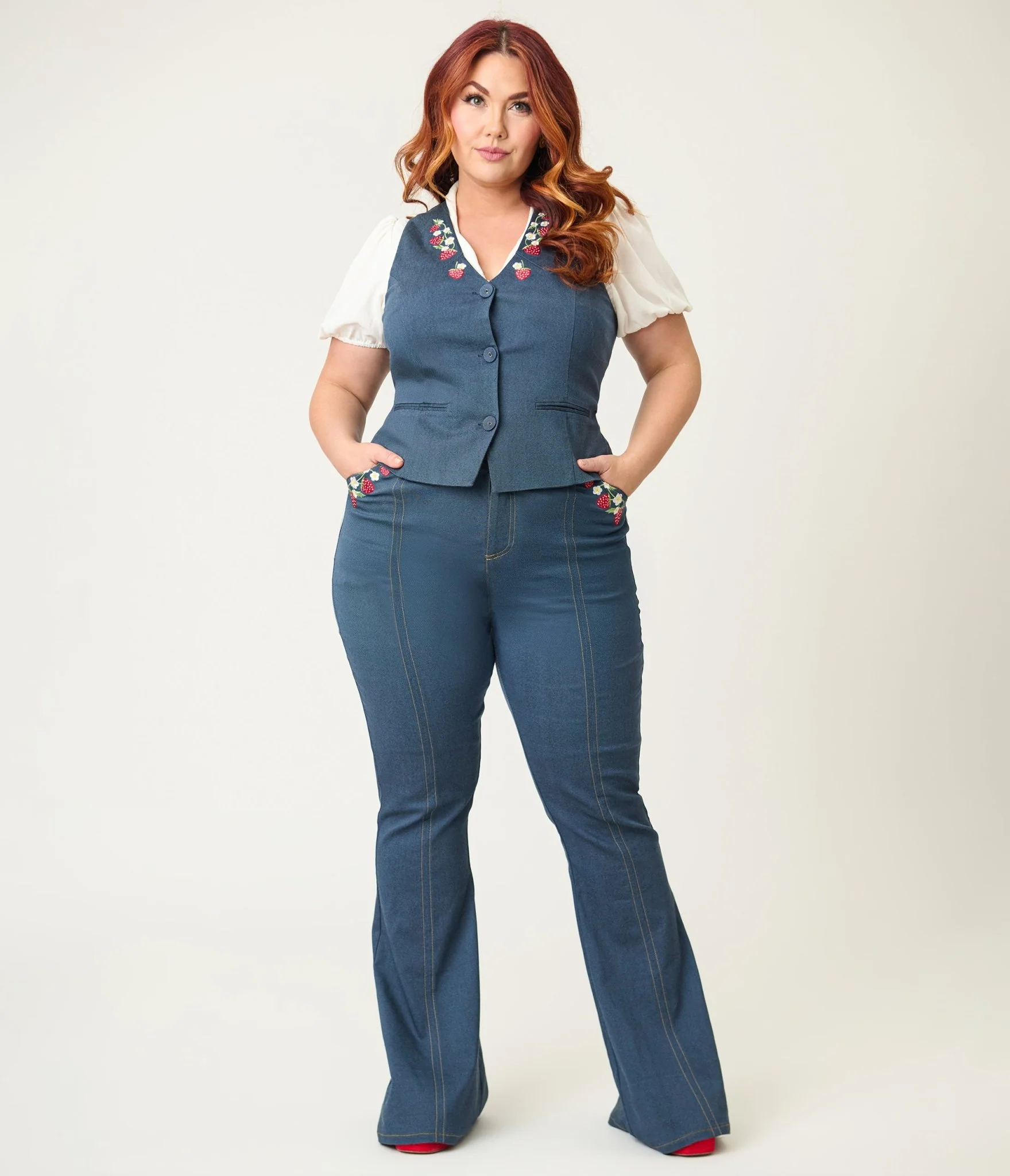 Unique Vintage Plus Size Denim Strawberry Embroidered Flare Pants - Image 5