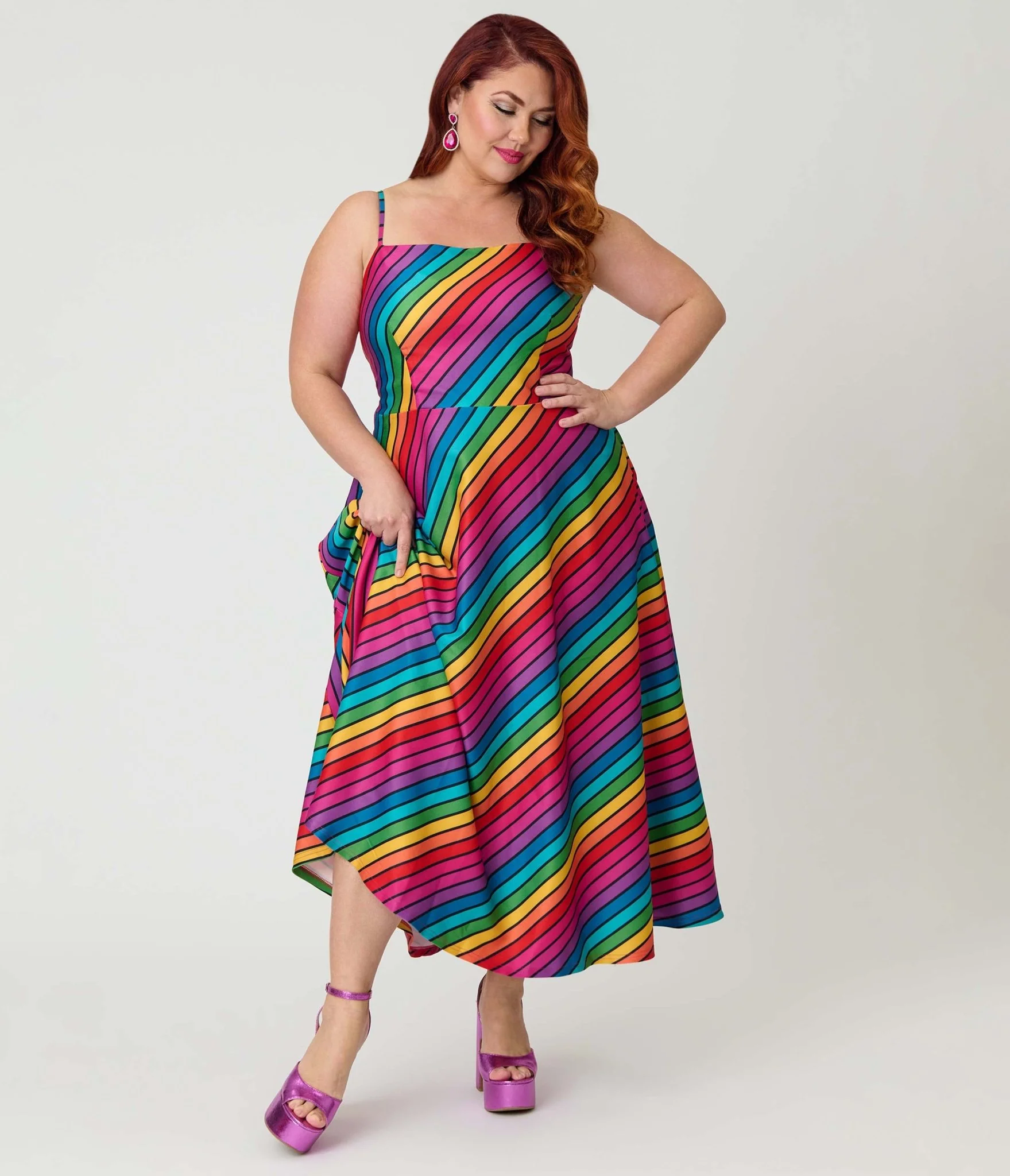 Unique Vintage Plus Size Diagonal Rainbow Stripe Spaghetti Strap Midi Dress