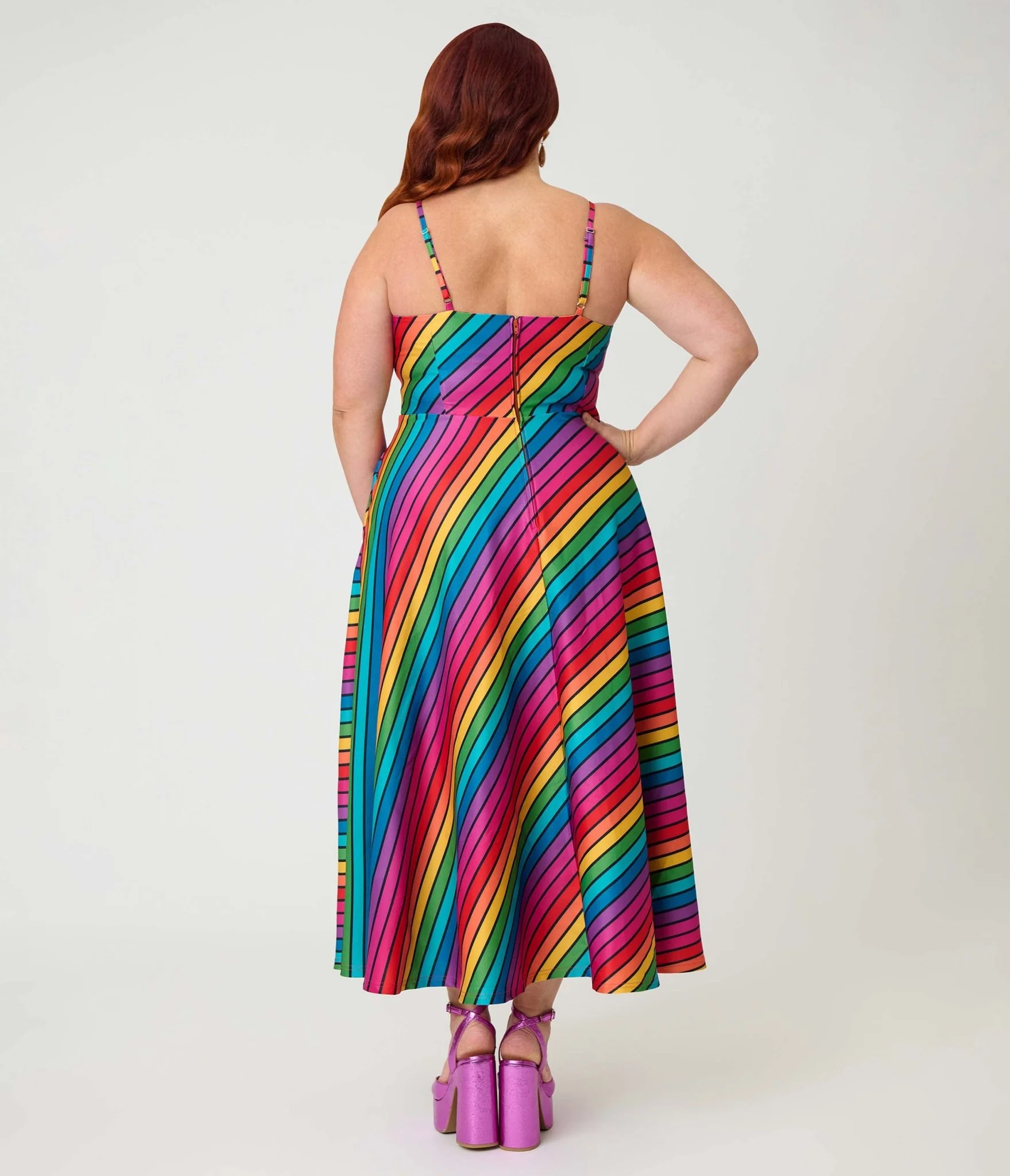 Unique Vintage Plus Size Diagonal Rainbow Stripe Spaghetti Strap Midi Dress - Image 2