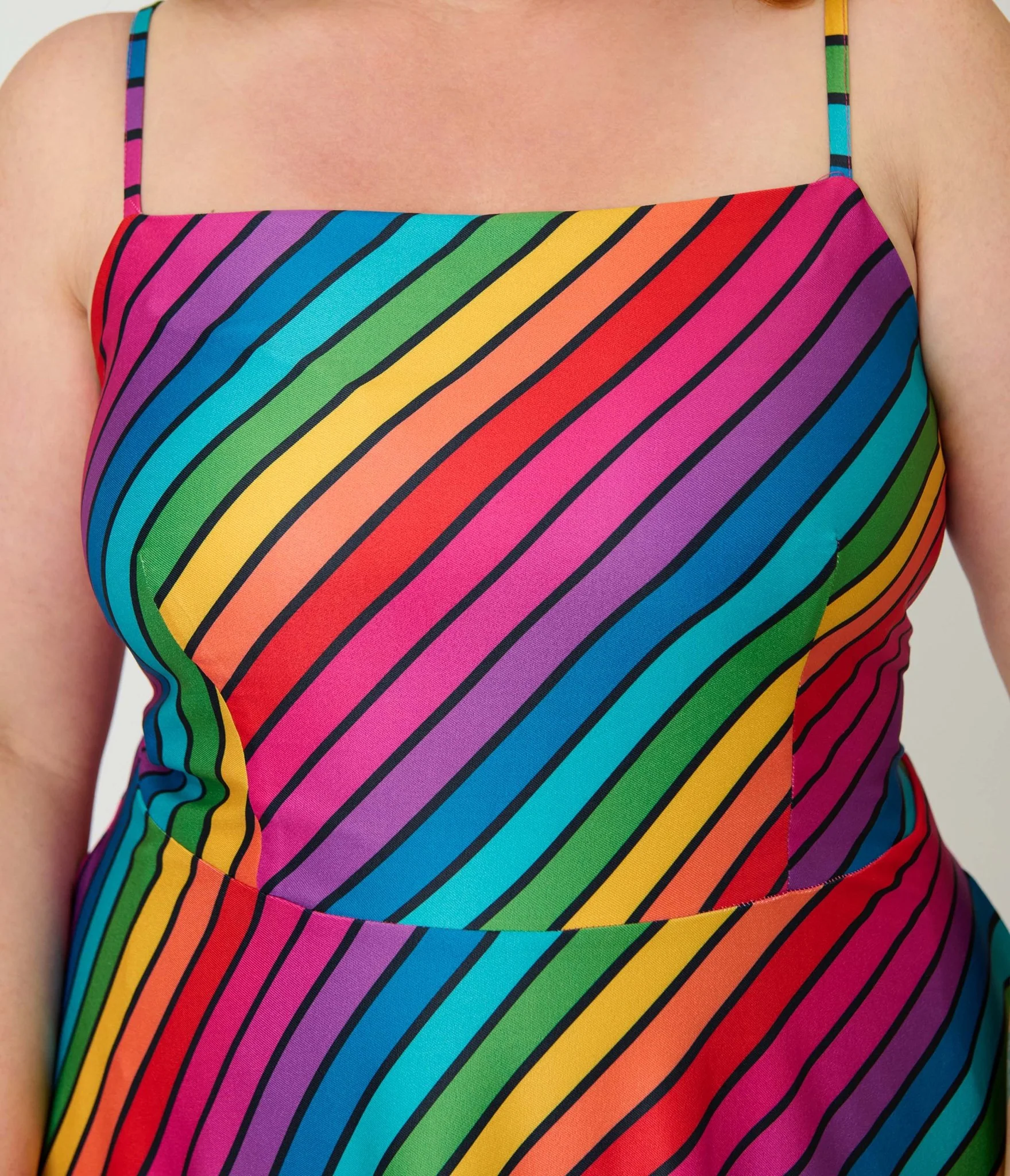 Unique Vintage Plus Size Diagonal Rainbow Stripe Spaghetti Strap Midi Dress - Image 3