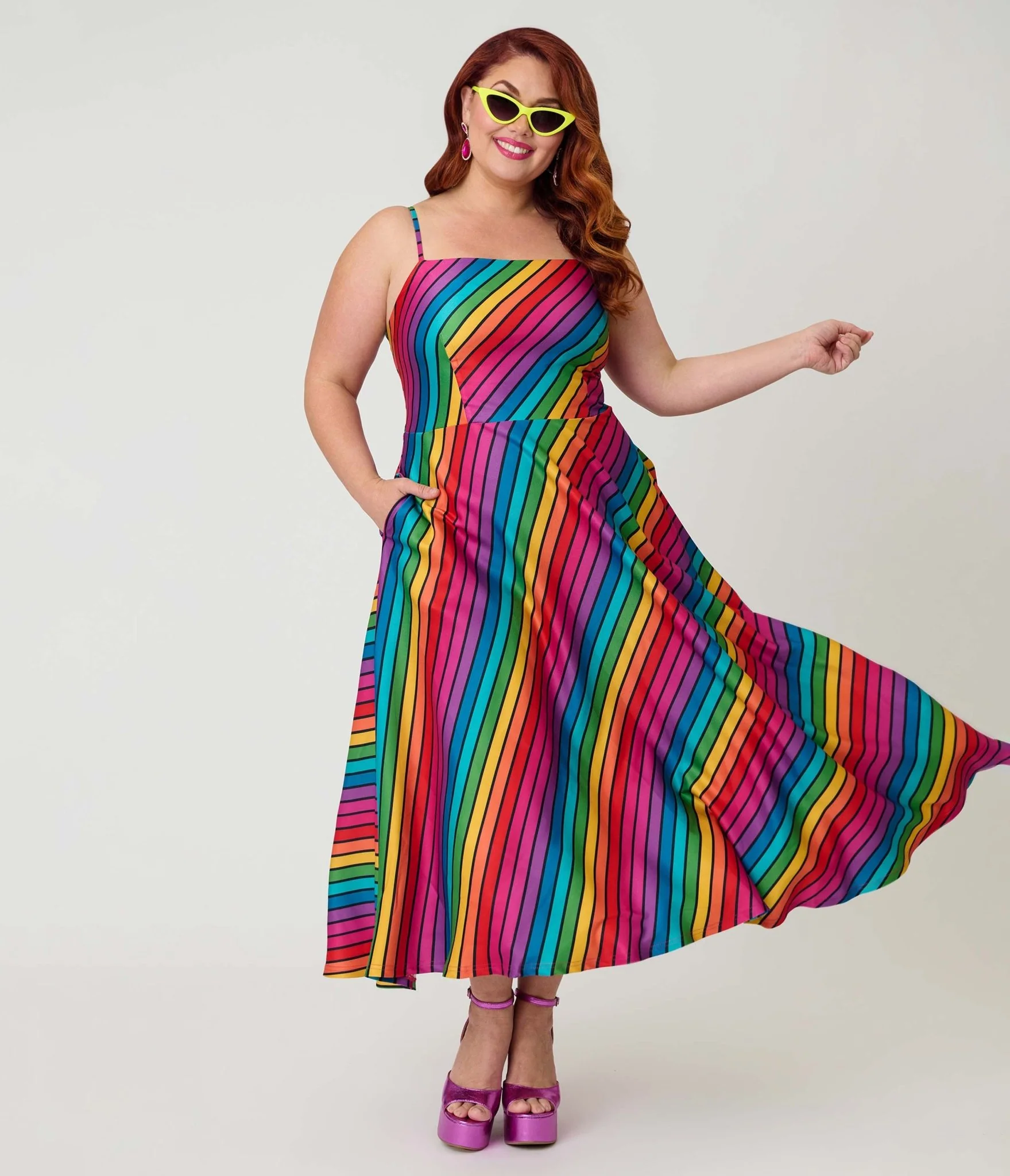 Unique Vintage Plus Size Diagonal Rainbow Stripe Spaghetti Strap Midi Dress - Image 4