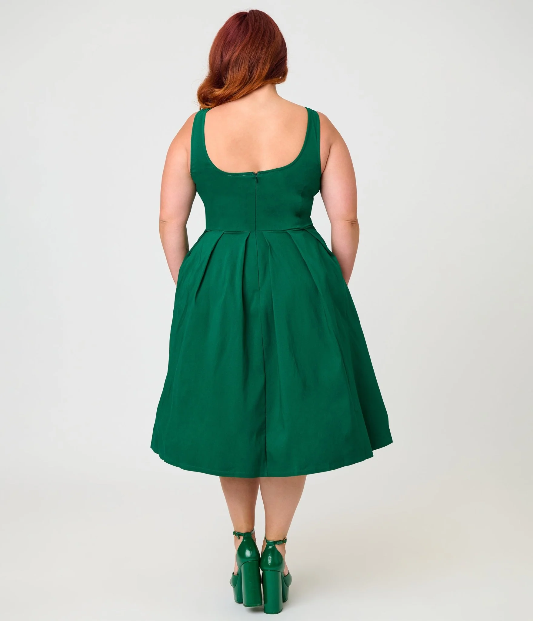 Unique Vintage Plus Size Emerald Green Square Neck Pleated Swing Dress - Image 2