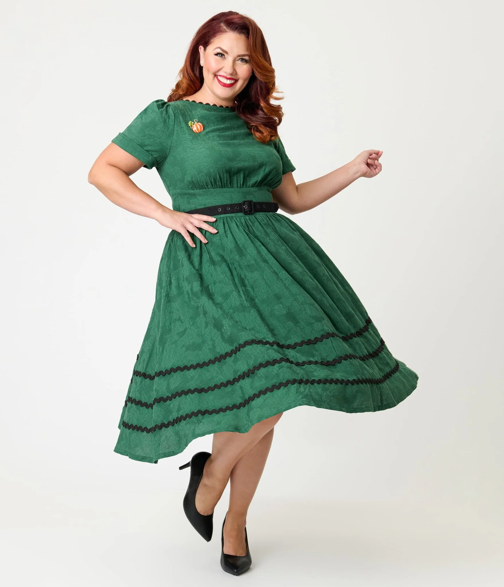 Unique Vintage Plus Size Emerald & Pumpkin Pin Cotton Swing Dress