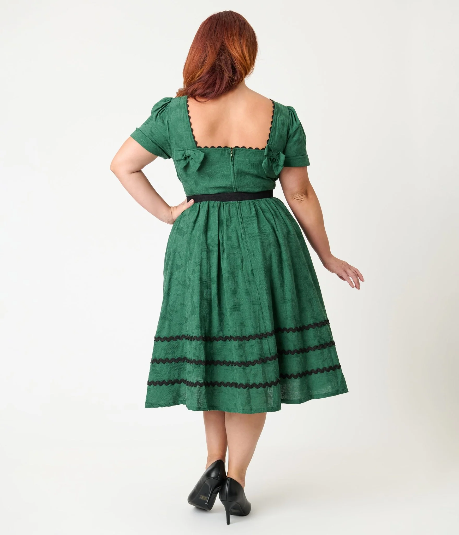 Unique Vintage Plus Size Emerald & Pumpkin Pin Cotton Swing Dress - Image 2