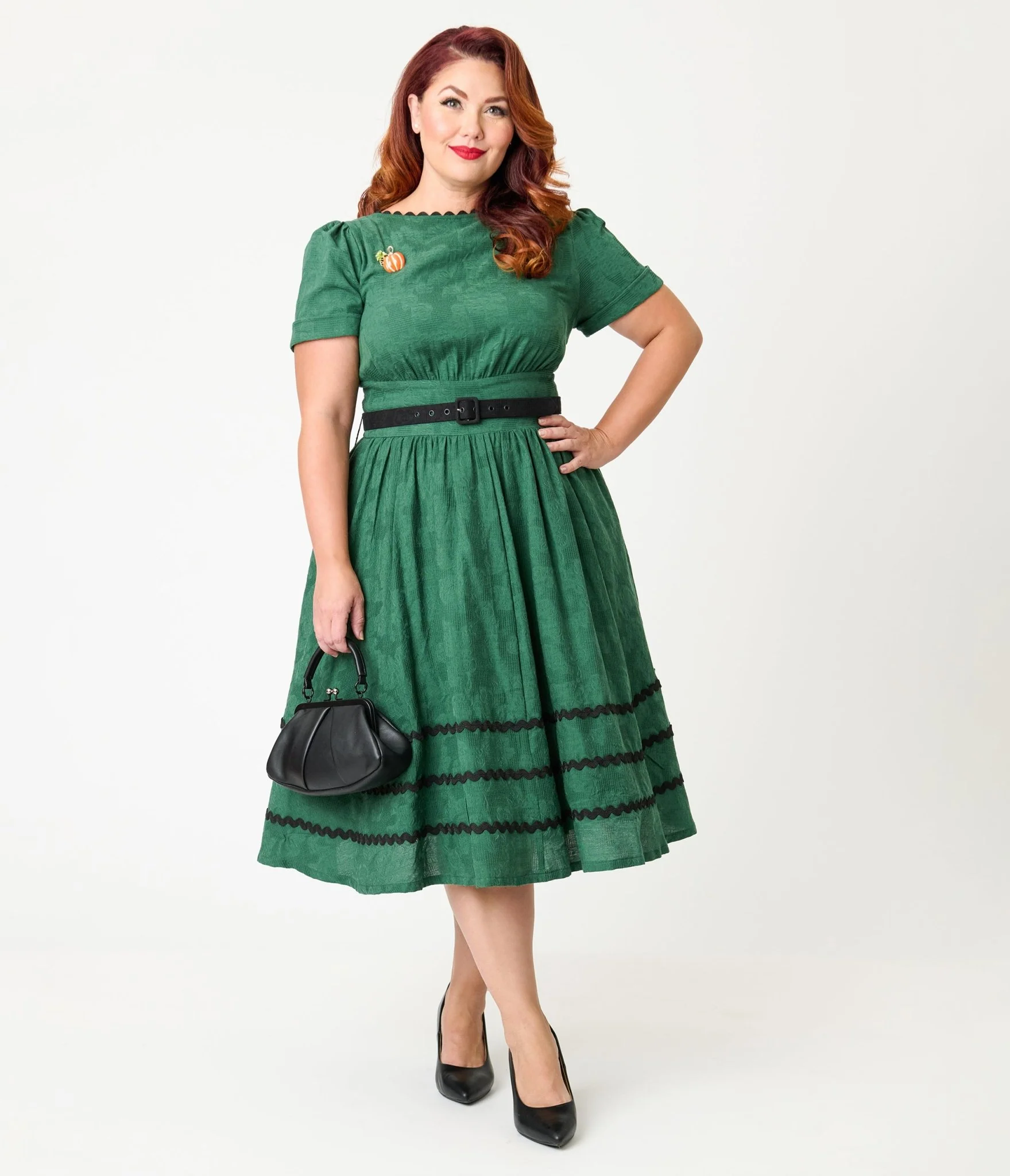 Unique Vintage Plus Size Emerald & Pumpkin Pin Cotton Swing Dress - Image 3