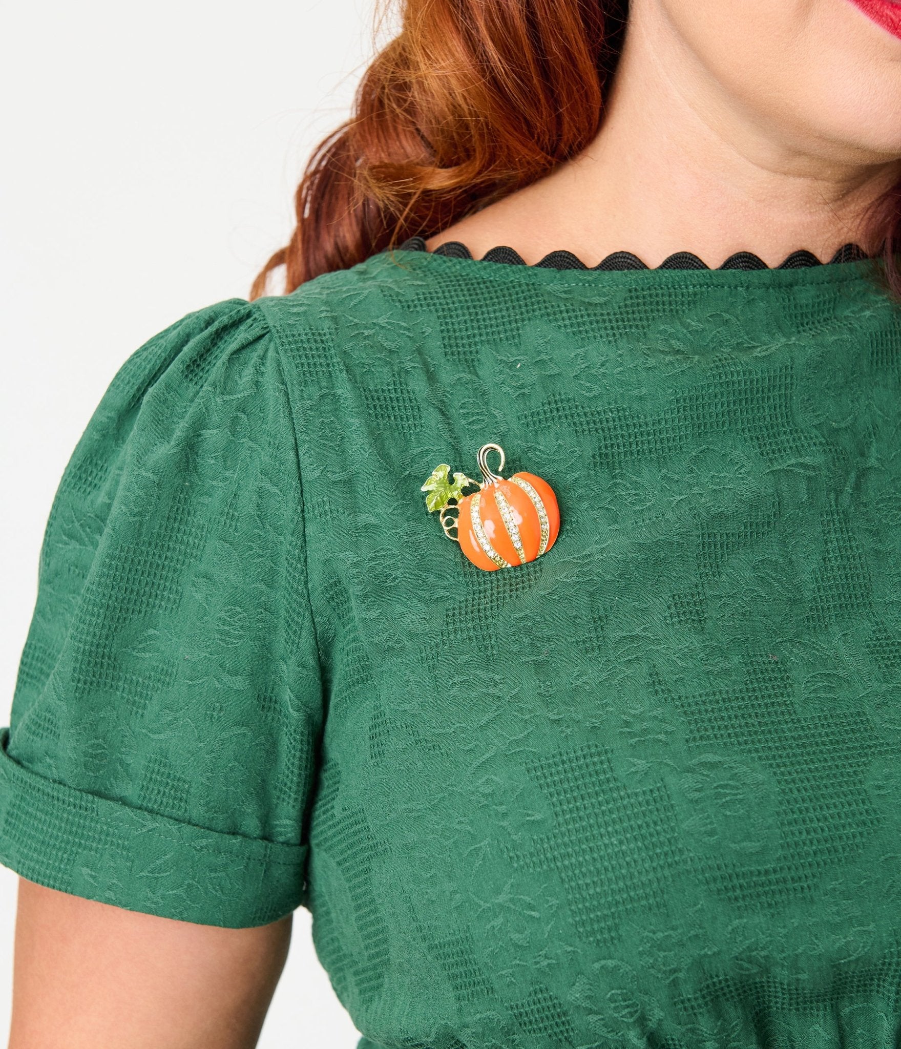 Unique Vintage Plus Size Emerald & Pumpkin Pin Cotton Swing Dress - Image 4