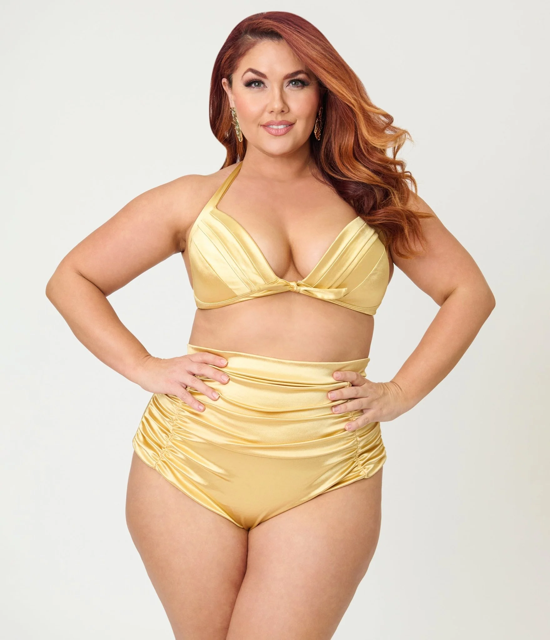 Unique Vintage Plus Size Gold Shimmer Monroe Halter Swim Top