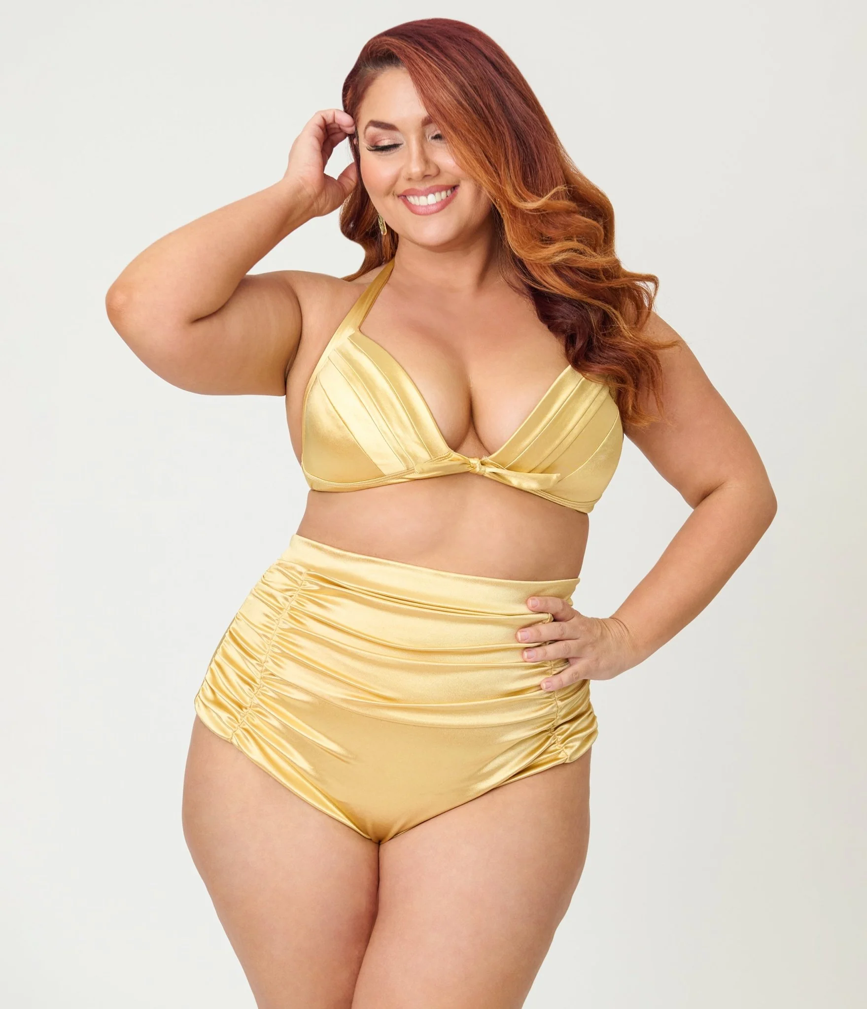 Unique Vintage Plus Size Gold Shimmer Monroe Halter Swim Top - Image 3