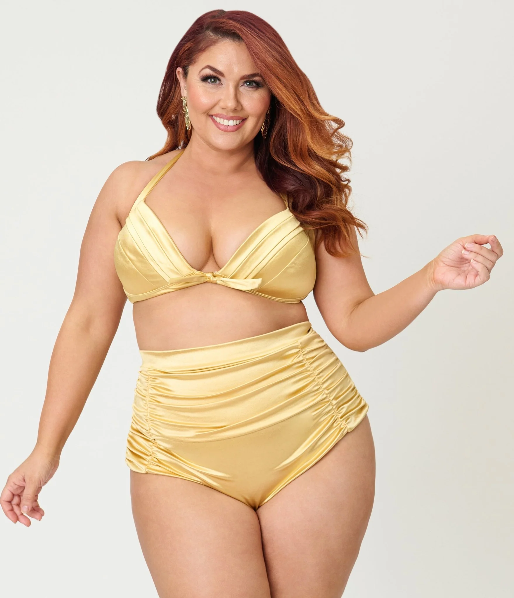 Unique Vintage Plus Size Gold Shimmer Monroe Halter Swim Top - Image 4