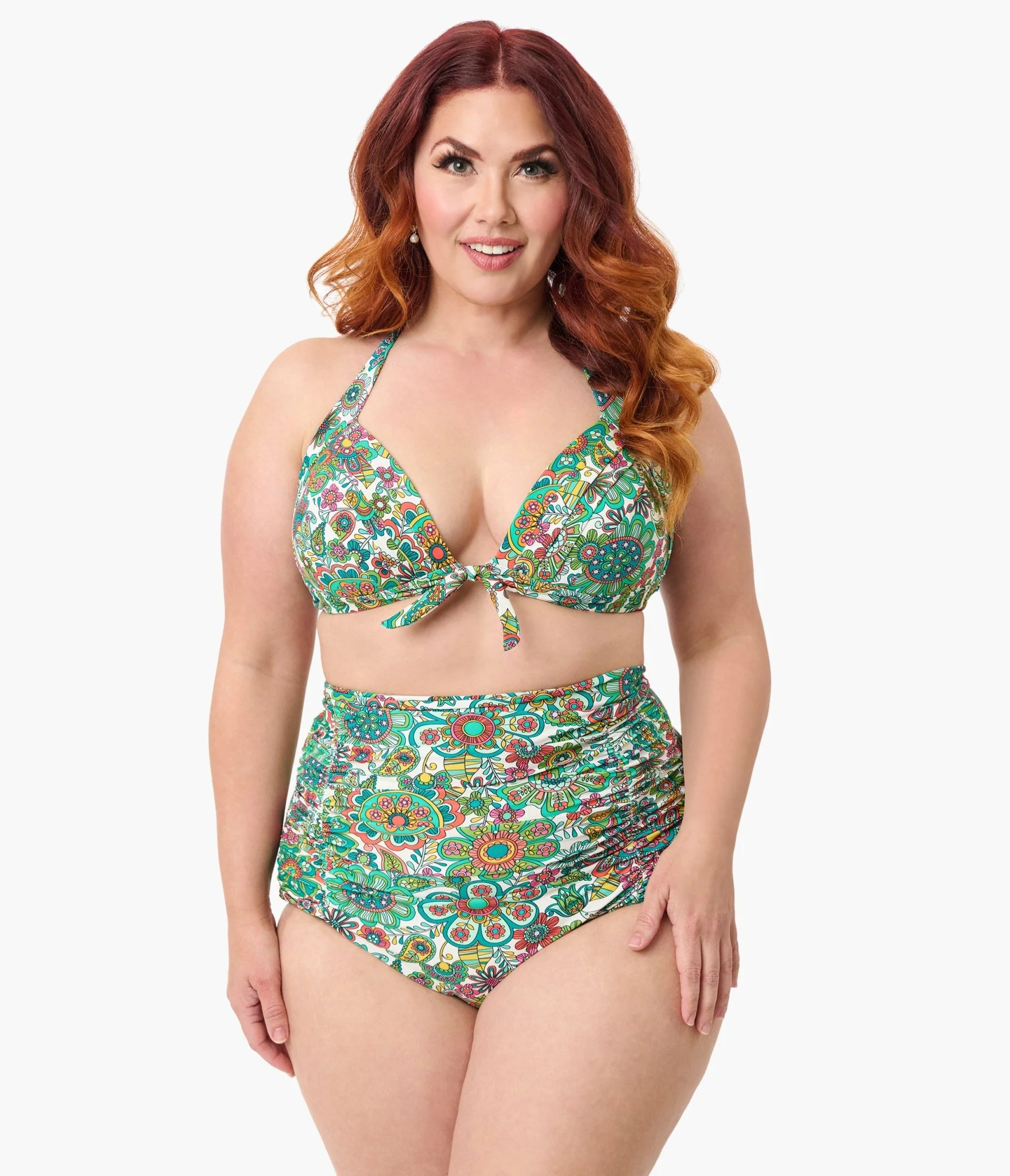 Unique Vintage Plus Size Green Kaleidoscope Monroe Halter Swim Top