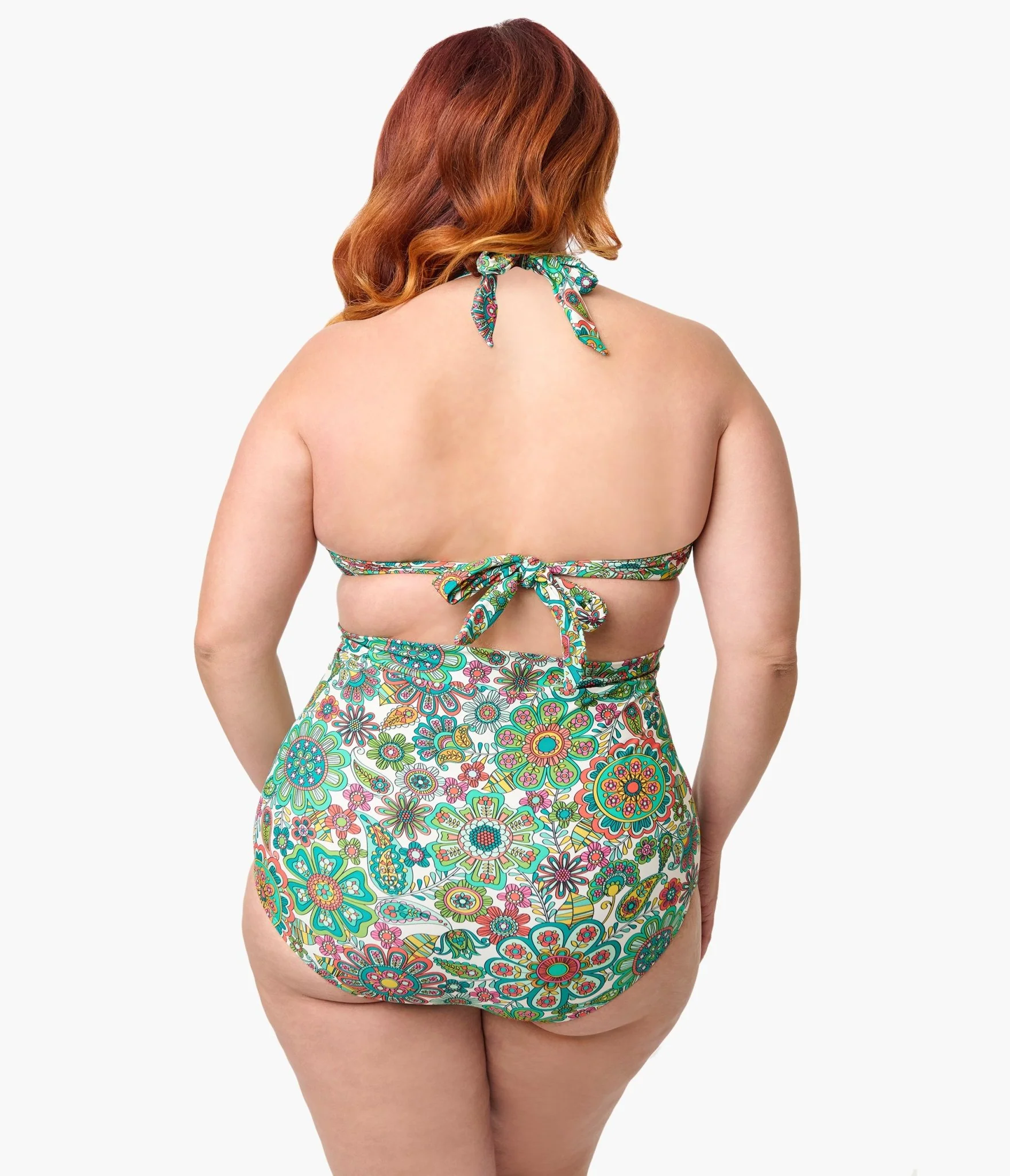 Unique Vintage Plus Size Green Kaleidoscope Monroe Halter Swim Top - Image 2