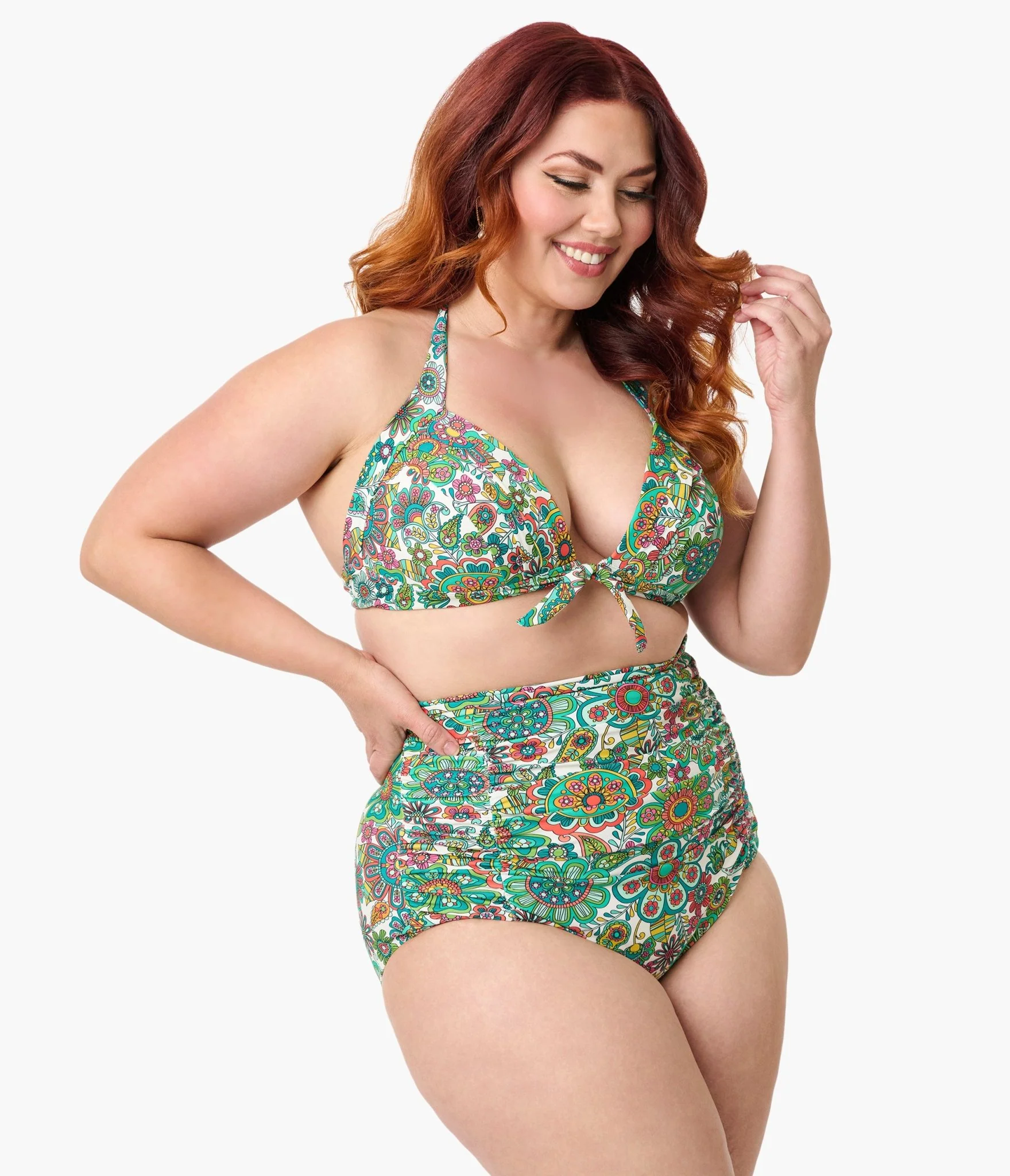 Unique Vintage Plus Size Green Kaleidoscope Monroe Halter Swim Top - Image 3