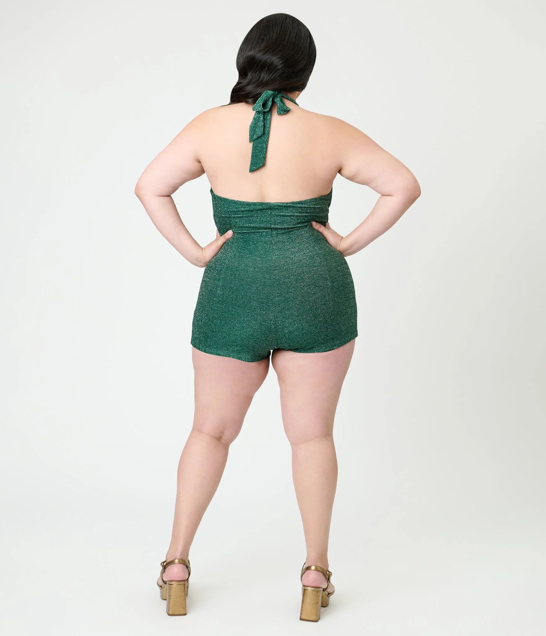 Unique Vintage Plus Size Green Shimmer Romper & Sarong Set - Image 4