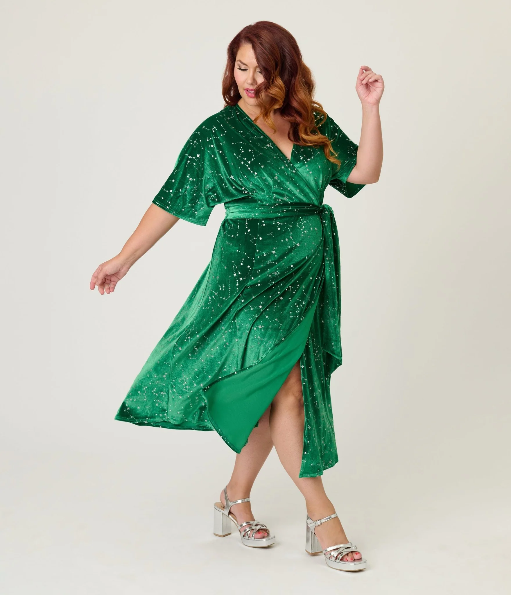 Unique Vintage Plus Size Green & Silver Stars Velvet Wrap Midi Dress