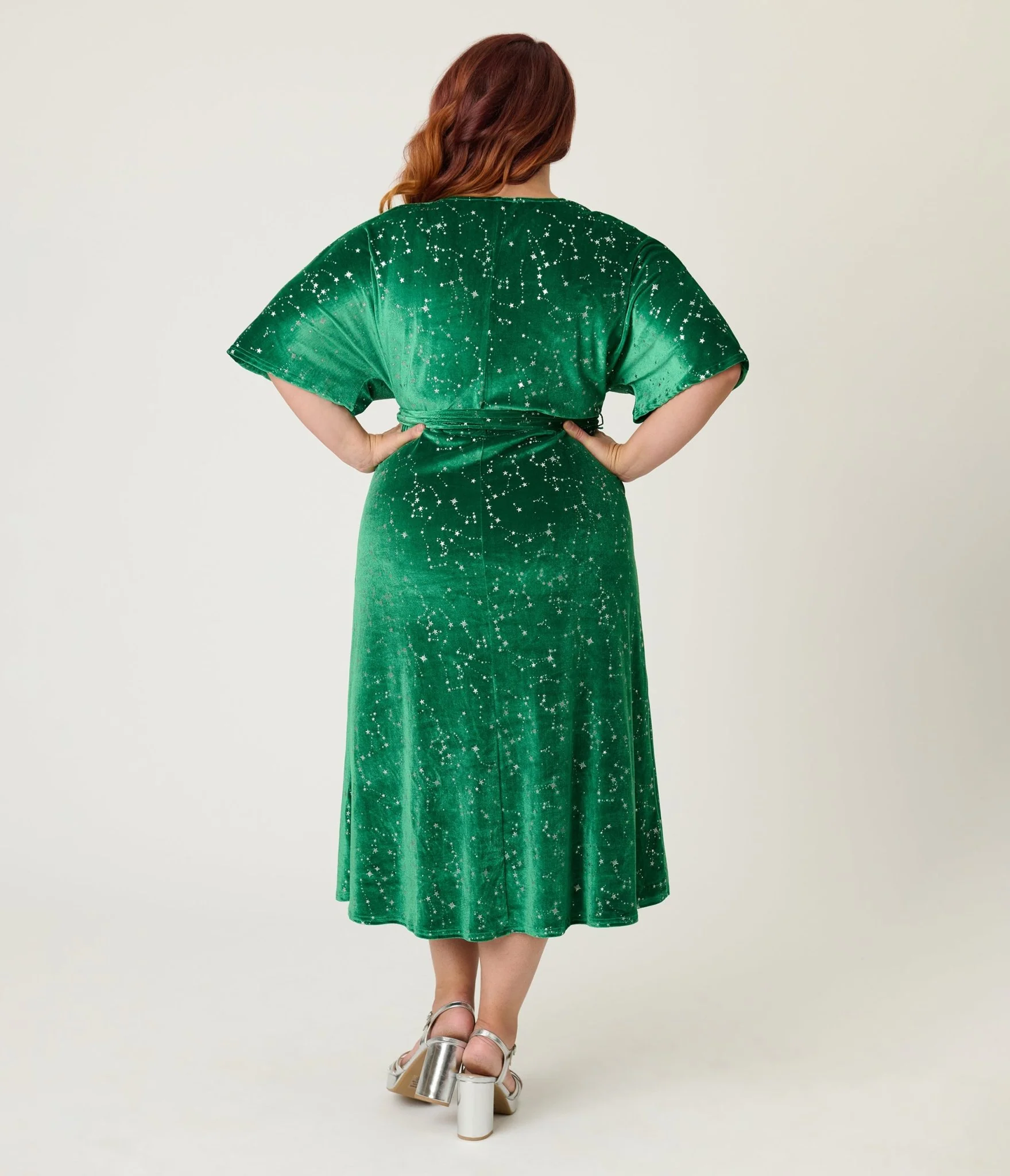 Unique Vintage Plus Size Green & Silver Stars Velvet Wrap Midi Dress - Image 2