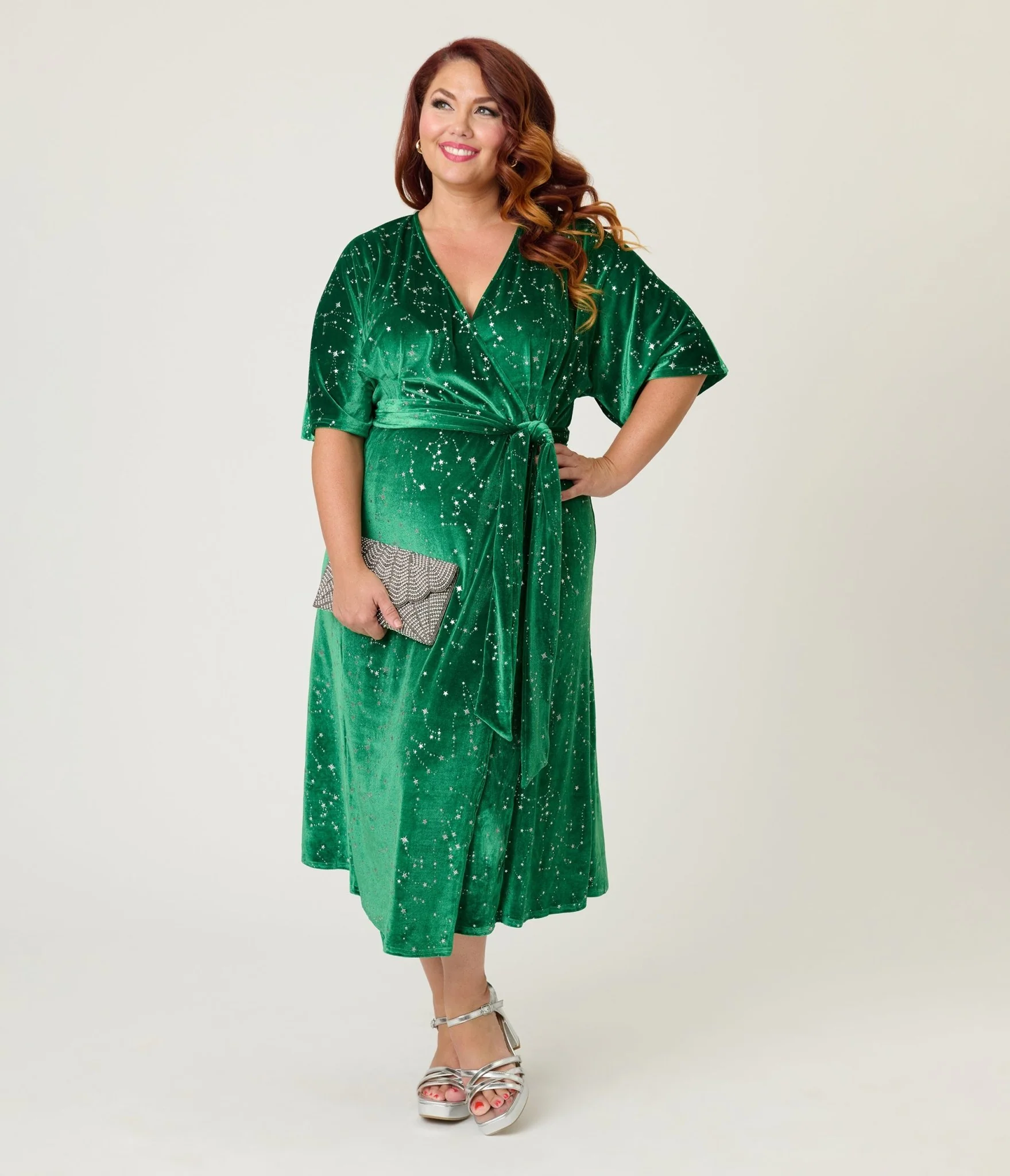 Unique Vintage Plus Size Green & Silver Stars Velvet Wrap Midi Dress - Image 3