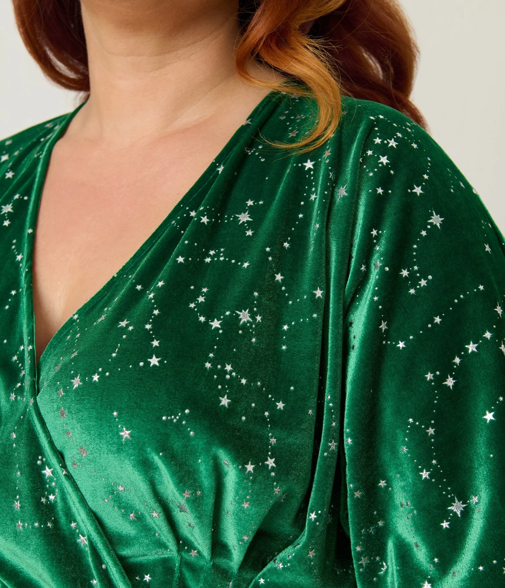 Unique Vintage Plus Size Green & Silver Stars Velvet Wrap Midi Dress - Image 5