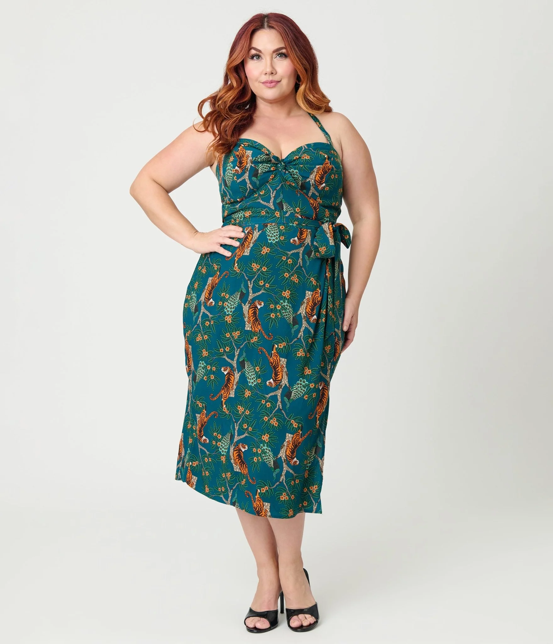 Unique Vintage Plus Size Green & Tiger Print  Leilani Sarong Dress - Image 4