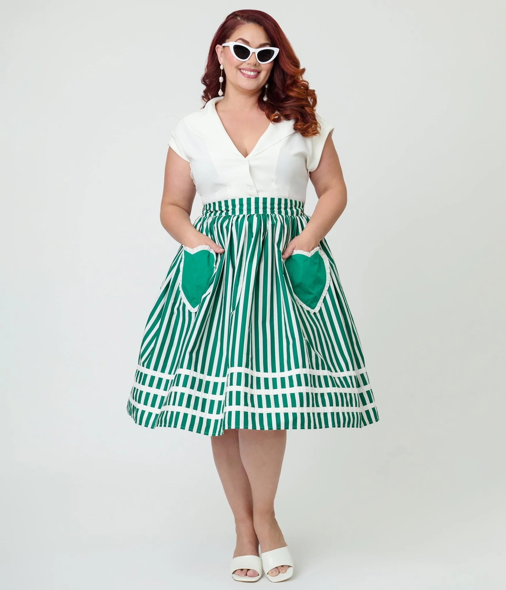 Unique Vintage Plus Size Green & White Stripe Heart Pocket Swing Skirt