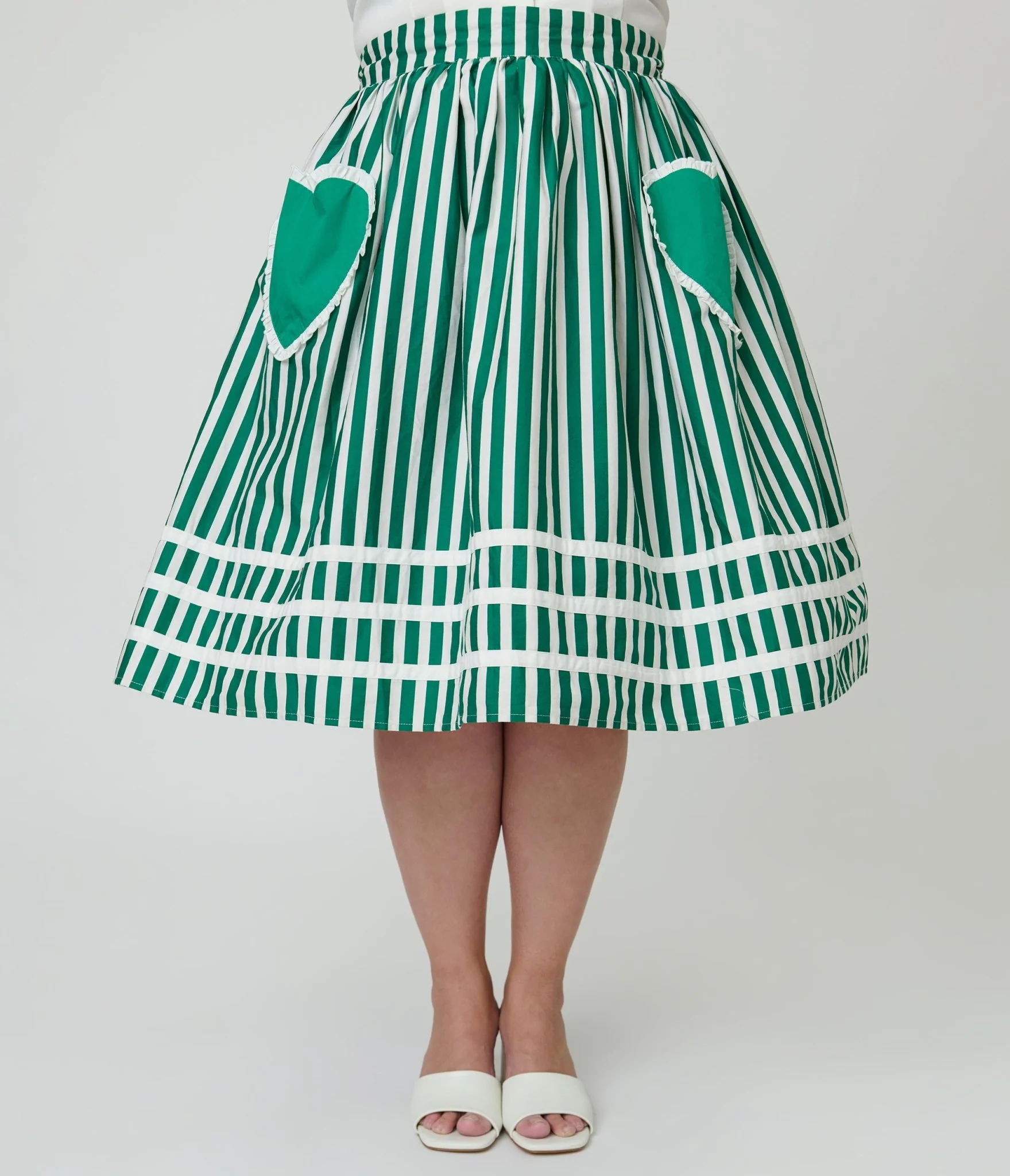 Unique Vintage Plus Size Green & White Stripe Heart Pocket Swing Skirt - Image 2