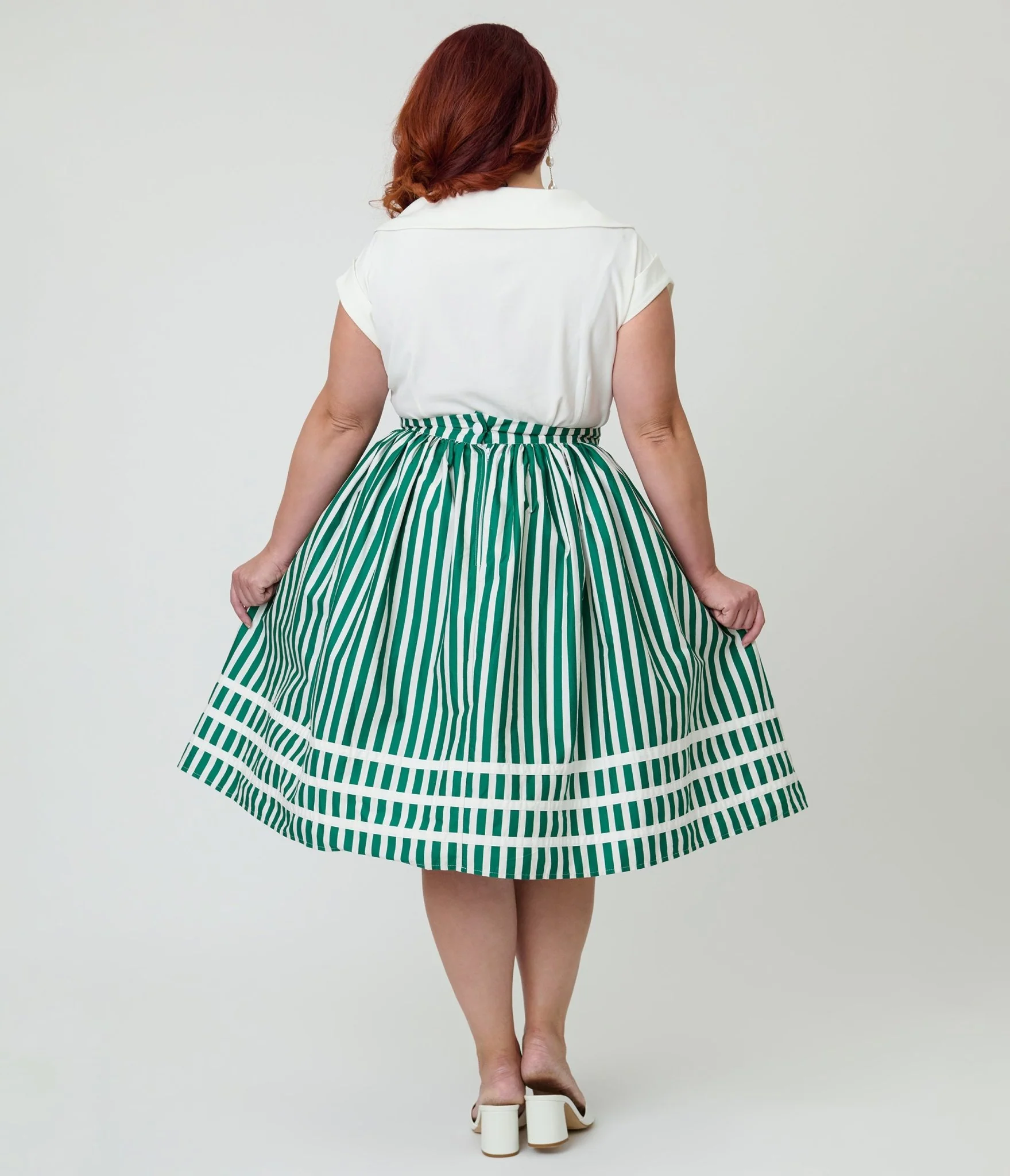 Unique Vintage Plus Size Green & White Stripe Heart Pocket Swing Skirt - Image 3