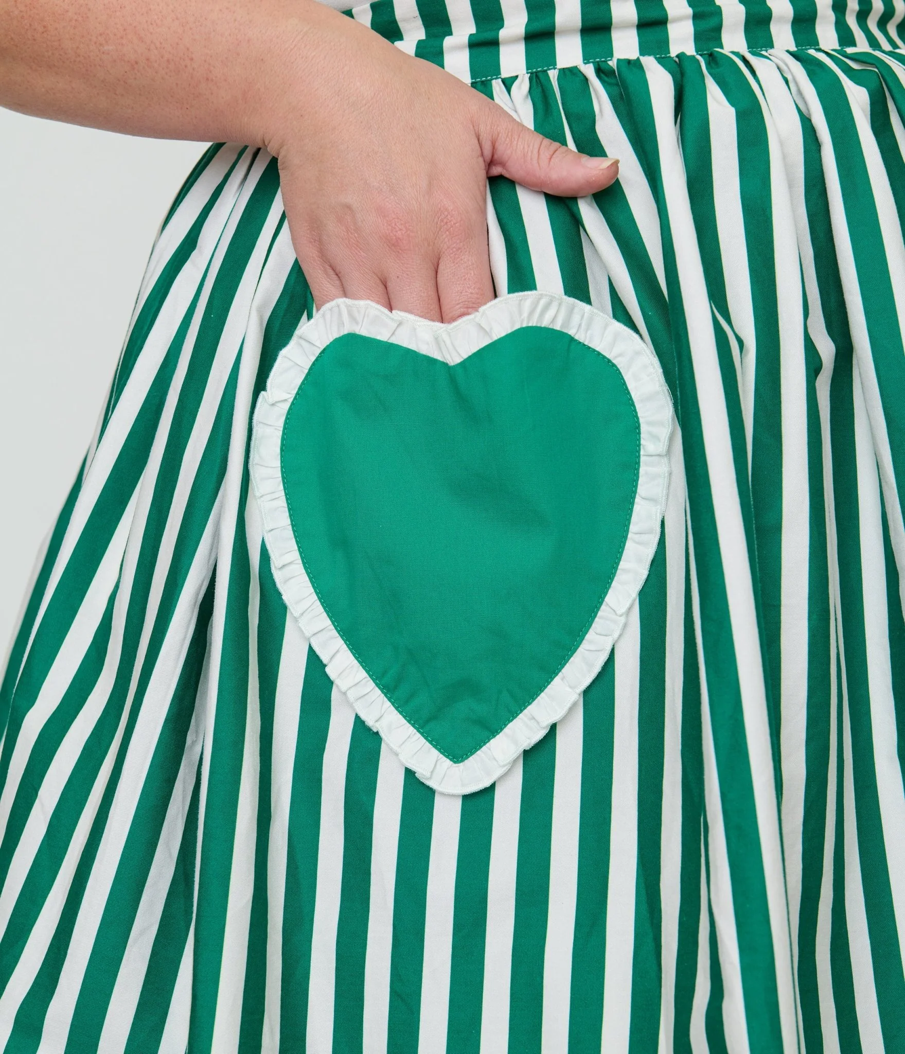 Unique Vintage Plus Size Green & White Stripe Heart Pocket Swing Skirt - Image 5