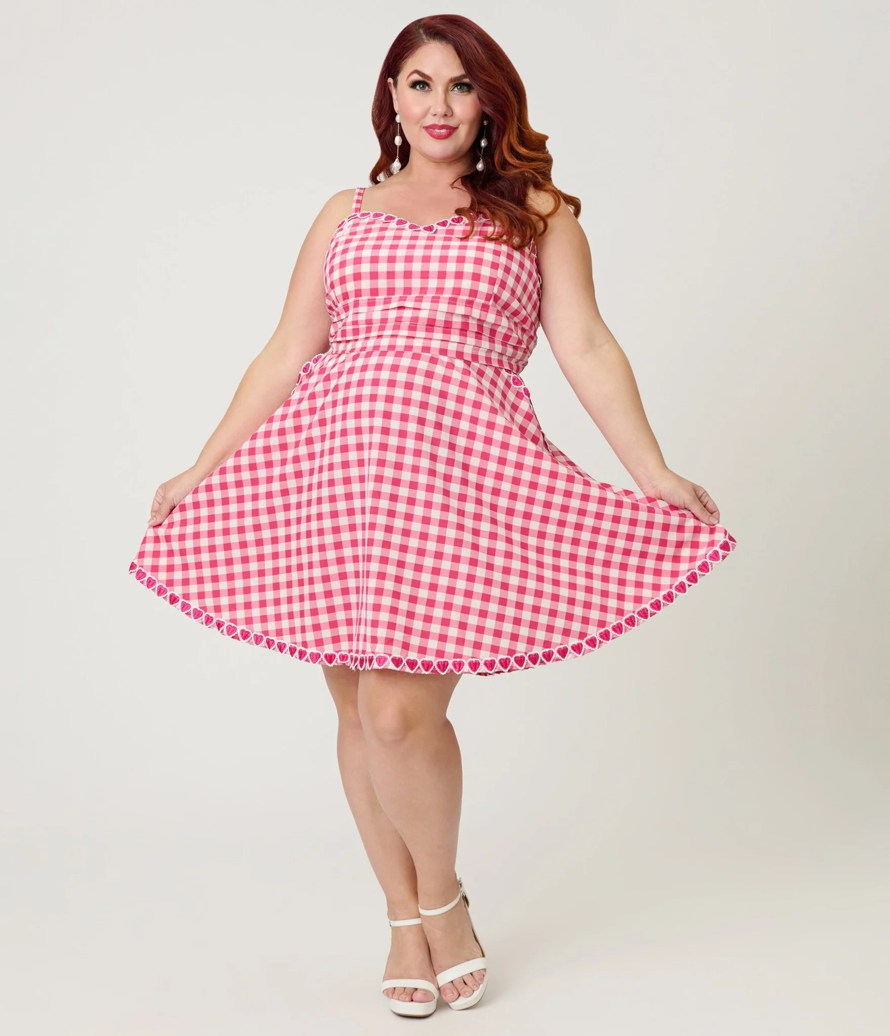 Unique Vintage Plus Size Hot Pink Gingham Follow Your Heart Flare Dress - Image 3