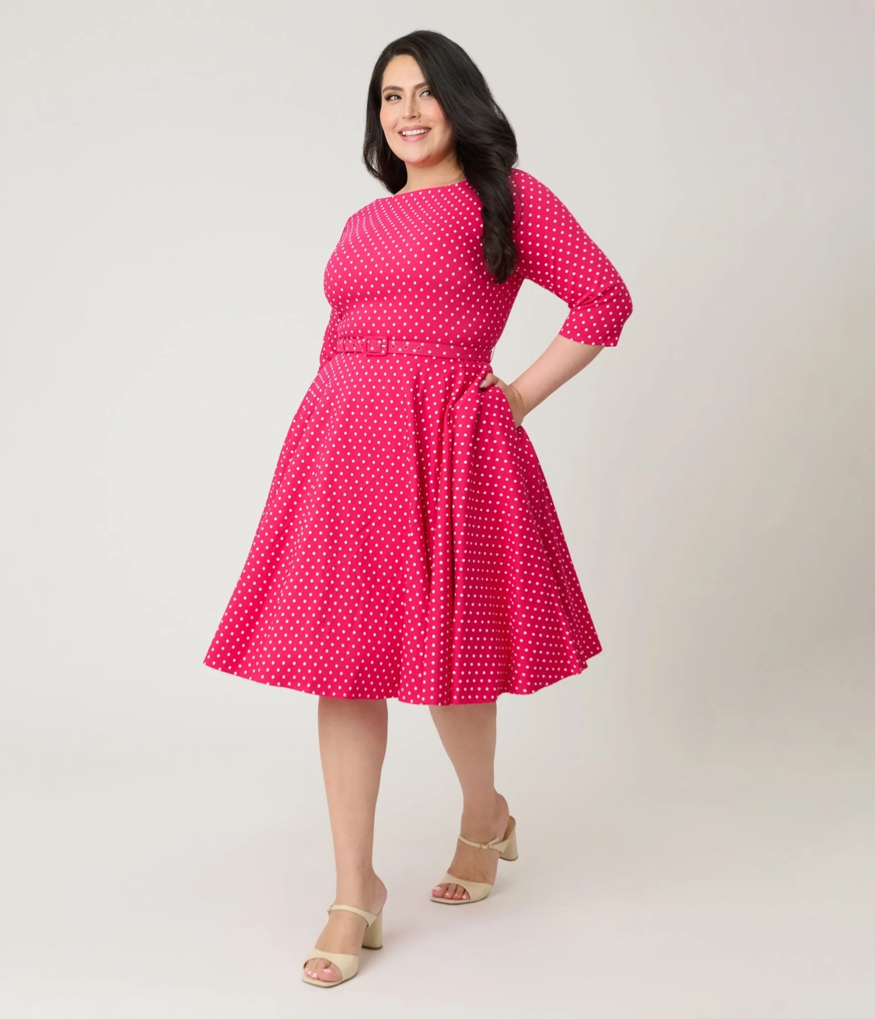 Unique Vintage Plus Size Hot Pink Pin Dot Devon Swing Dress - Image 3