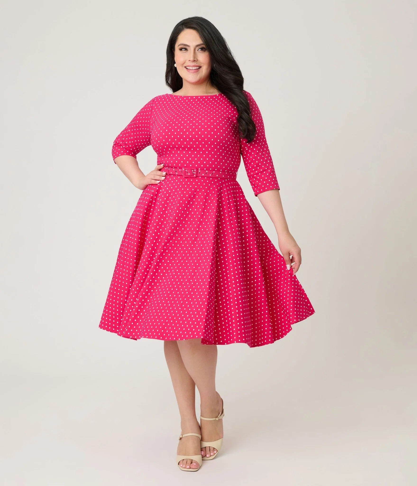 Unique Vintage Plus Size Hot Pink Pin Dot Devon Swing Dress - Image 4